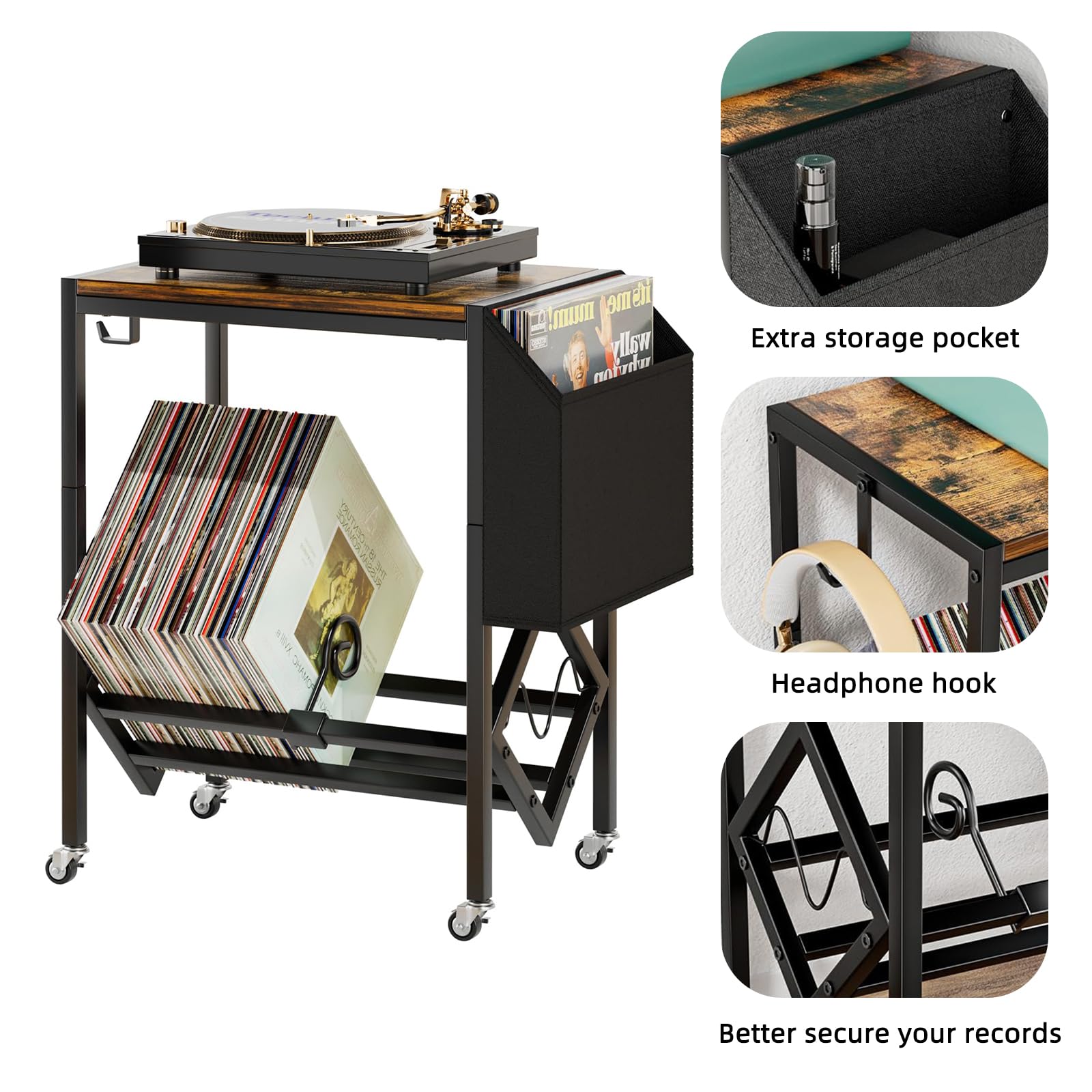 HMAKGG Mobiele platenspeler en vinylhouder, mobiele vinylstandaard, standaard voor platenspeler met wielen, tot 100 albums, 2 niveaus van hout en metaal voor recordopslag, max. 80 kg