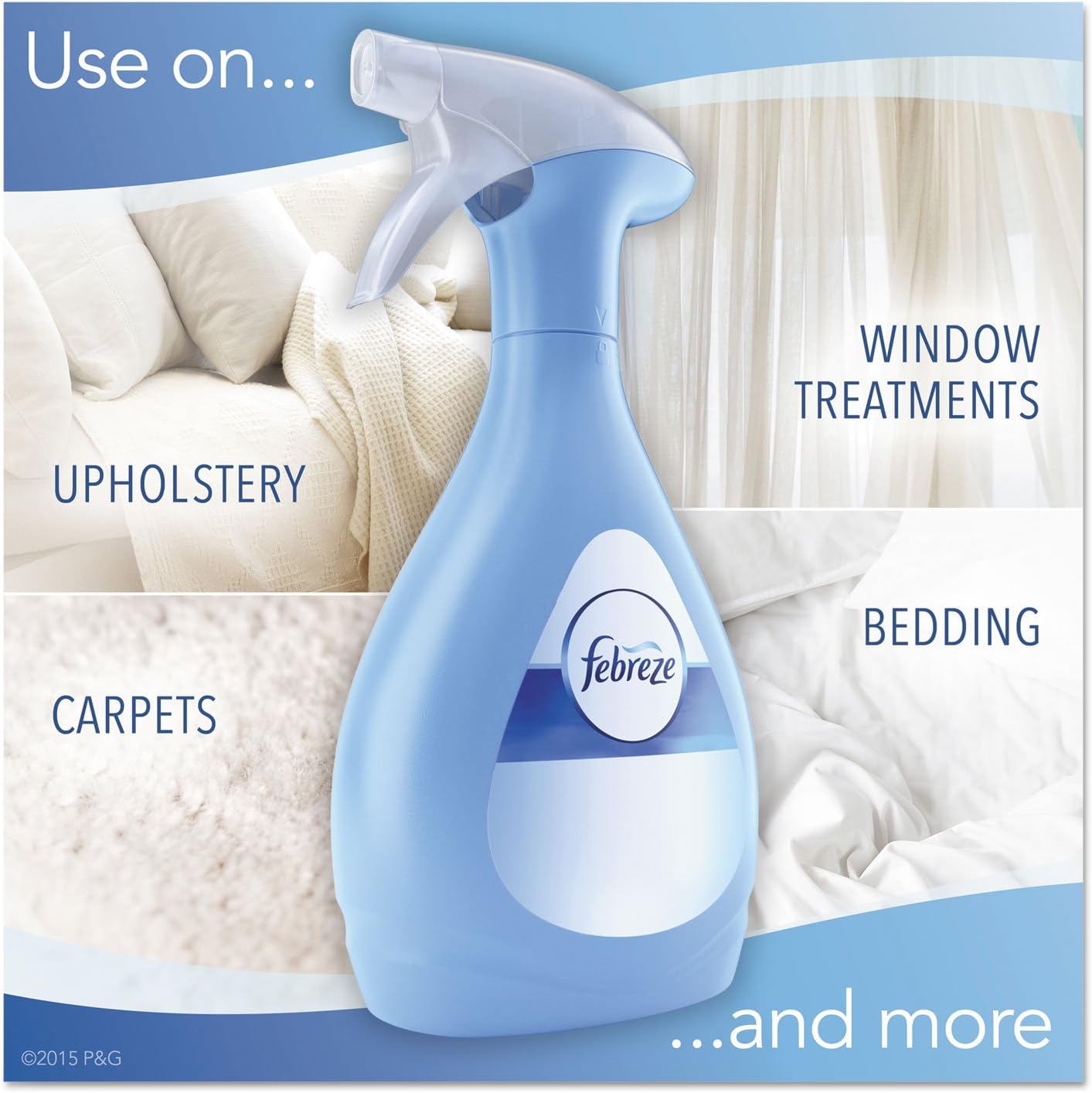 Graphic showing Febreze use on upholstery, carpets, window treatments, bedding