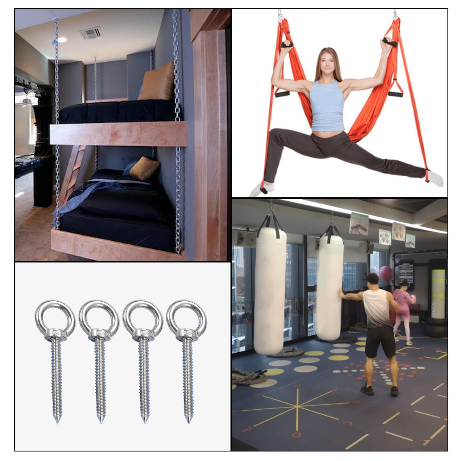 Lot de 4 crochets à œillet à vis de 12 cm M10 - Capacité de charge de 230 kg - Boulons à œil robustes - Grand crochet et œillet à vis pour support de hamac, chaise balançoire, yoga, utilisation