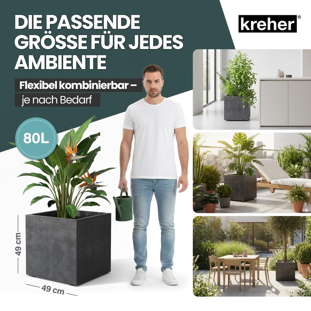 Kreher 2 x XL Pflanzkübel 'Millennium' in verschiedenen Formaten/Farben. Tolle Naturstein Optik in Anthrazit, Grau, Creme Weiß oder Braun! Aus robustem Kunststoff. (Anthrazit, 2 x 80 Liter Eckig)