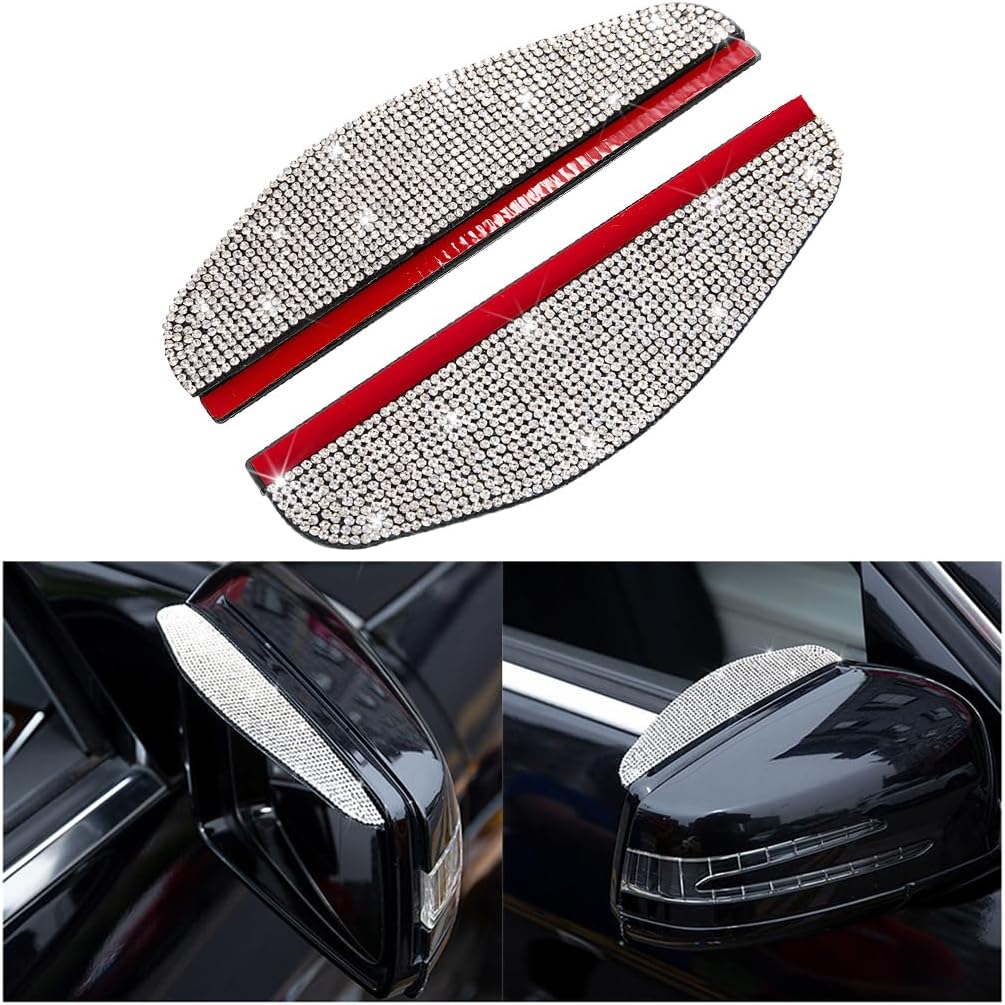 2PCS Car Rearview Mirror Rain Eyebrows, Bling Crystal Rain Visor Guard, PVC Waterproof Auto Mirror Visor Smoke Shade Cover, Automotive Exterior Accessories Decor (White)
