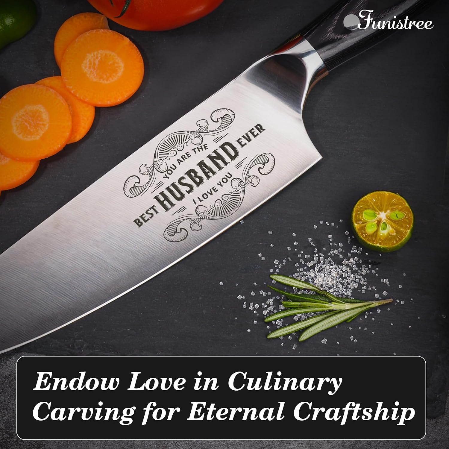 Funistree Gifts for Him Husband Men Anniversary Day, 8 inch Professional German Stainless Steel 1.4116 Chef Knife, Engraved Best Husband Ever Knife Gift, Anniversary Birthday Gift for Men Husband Him