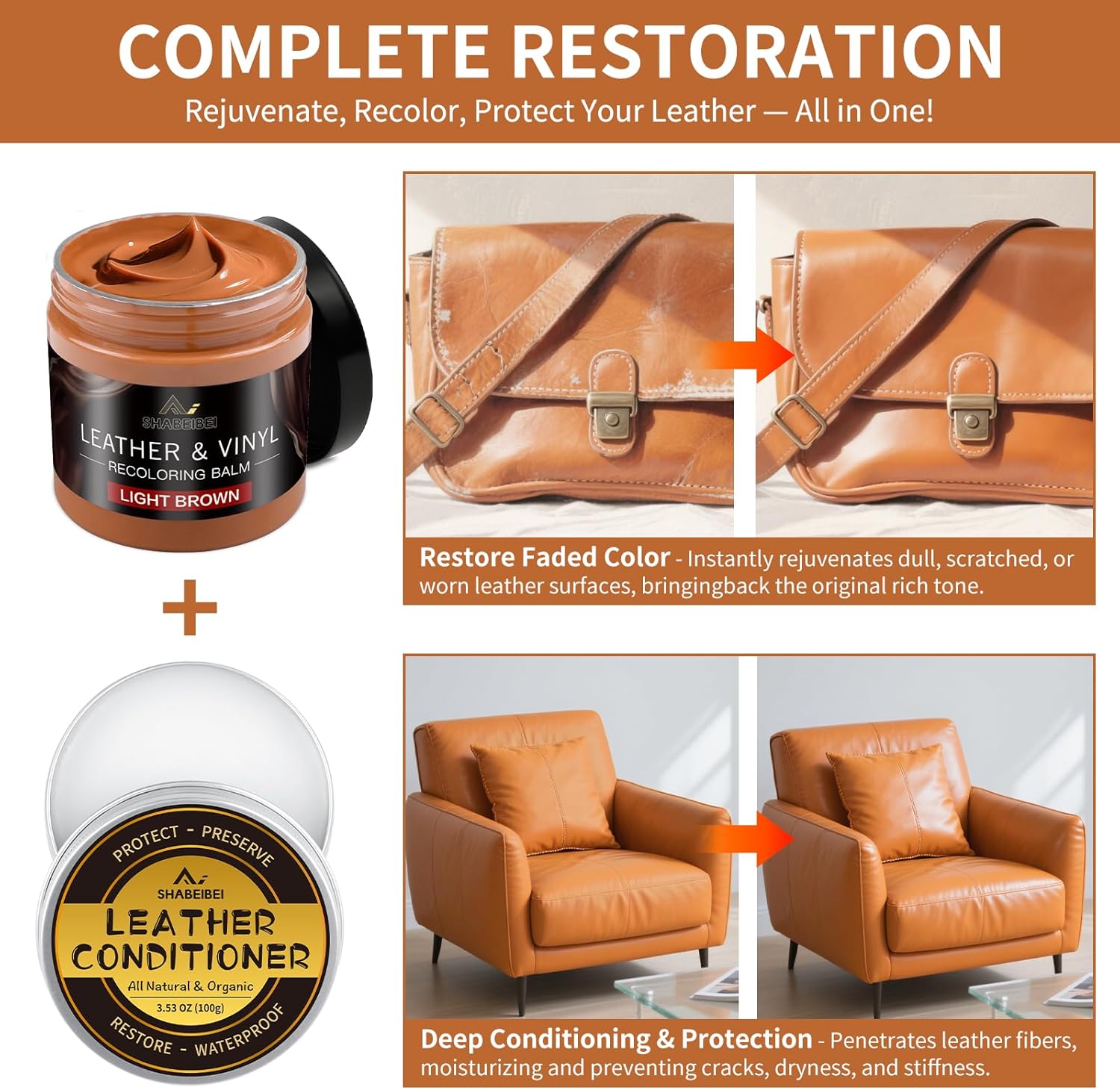 Leather Recoloring Balm with 100ml Mink Oil, Light Brown Leather Repair Kit and Scratch Remover for Furniture, Car Seats, Sofas, Dye & Restorer for Couches, Vinyl, PU, Faux - Image 2
