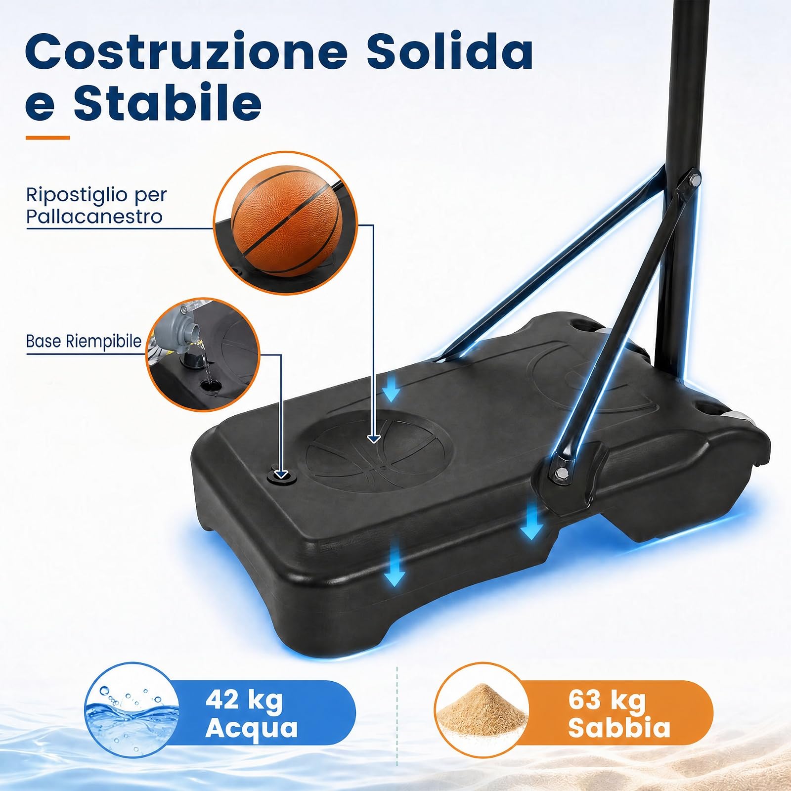 COSTWAY Canestro da Basket per Esterno e Interno 263-308 cm | Canestro Baskat per Bambini e Adulti Regolabile Altezza Portatile con Base Riempibile, Tabellone Infrangibile, Rete e Ruote