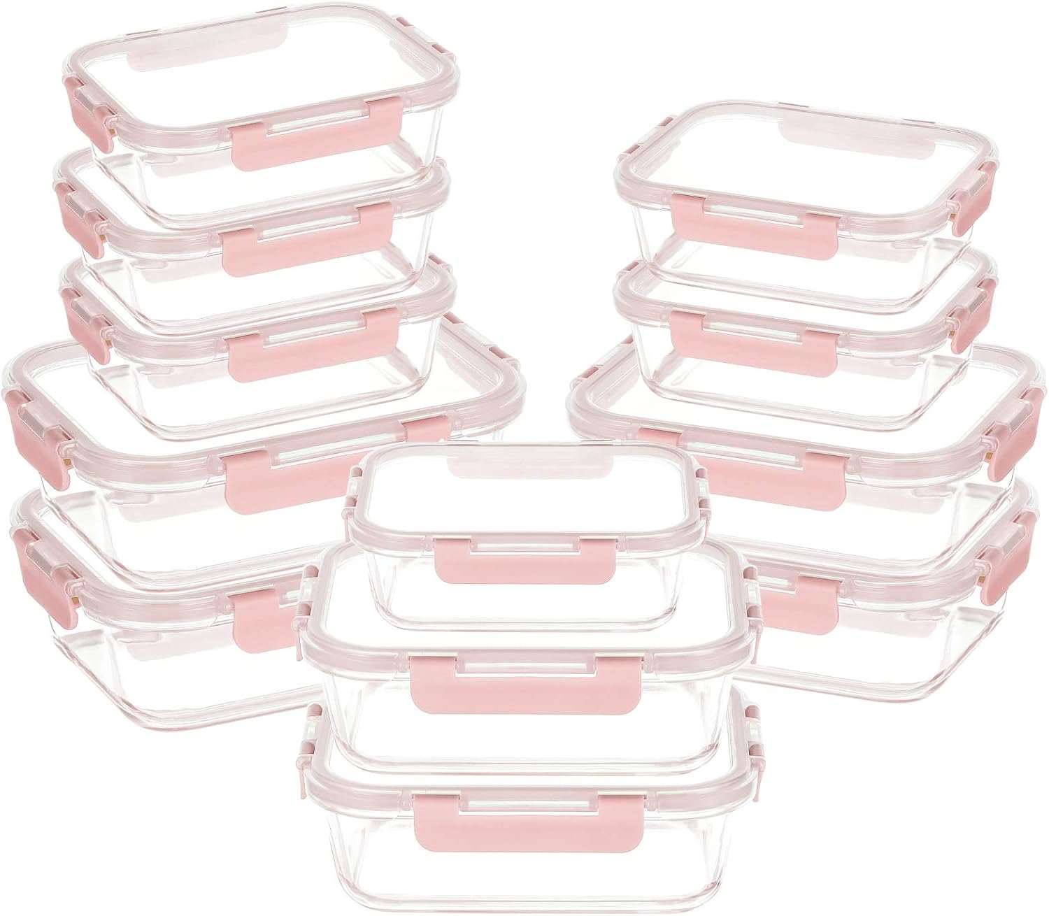 UMI UMIZILI 12 Pack Pink Glass Food Storage Containers with Lids, Airtight Meal Prep Lunch Containers with Snap Locking Lids Leakage-proof, 2 Size (34oz +12oz) Glass Container Set