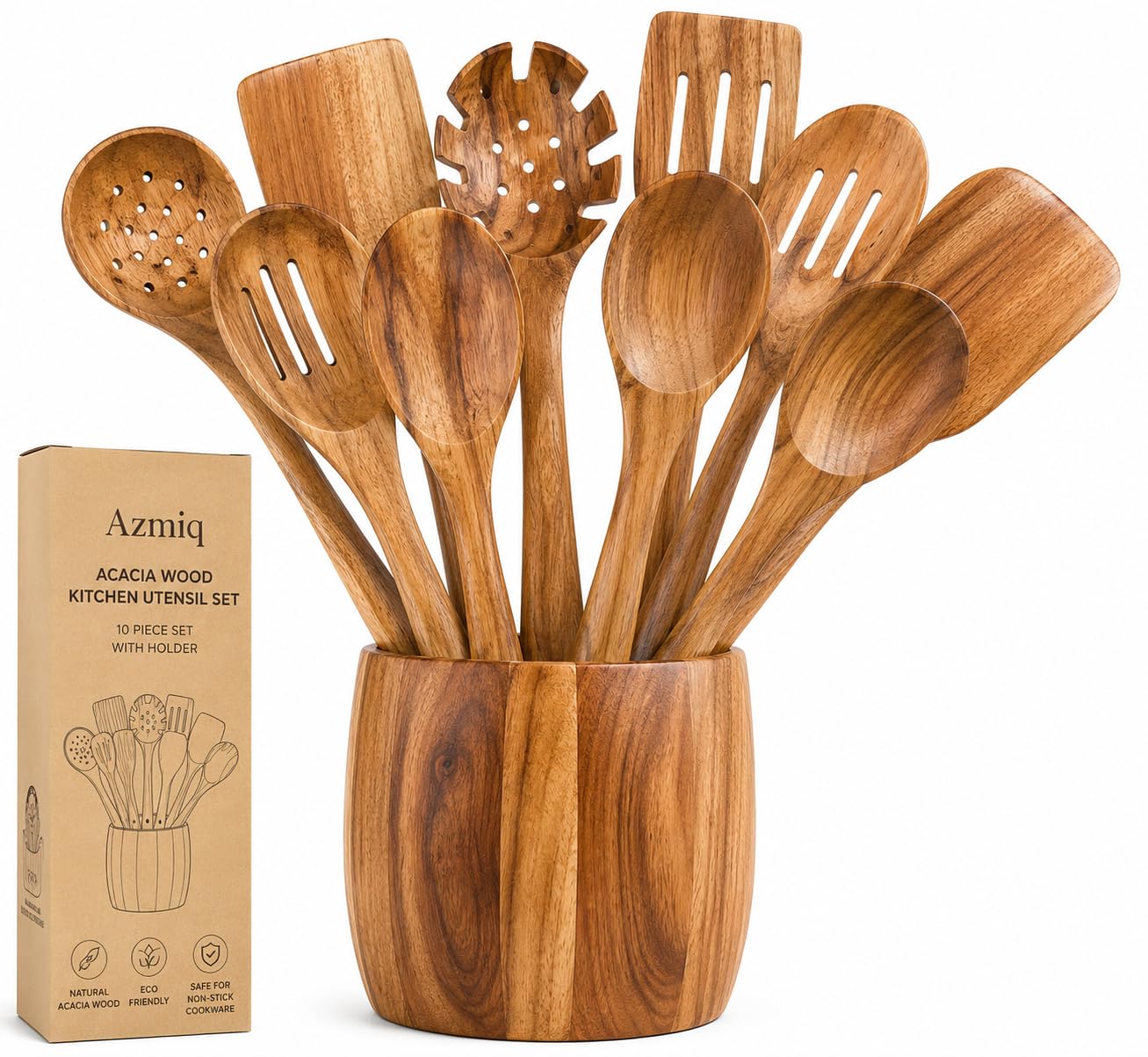 Azmiq 10-Piece Acacia Wood Kitchen Utensil Set with Holder