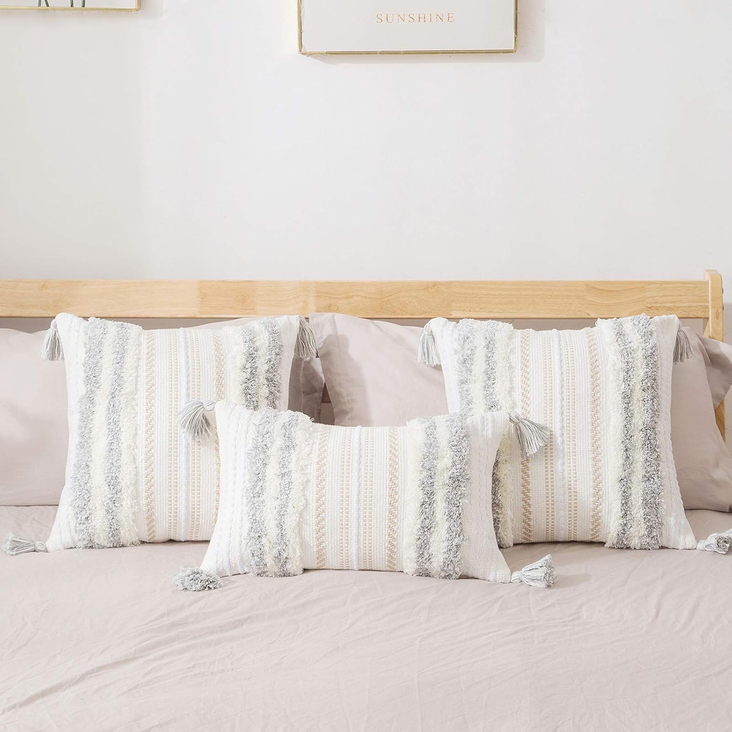 decorUhome Set of 2 Boho Decorative Throw Pillow Covers for Bed Bedroom Neutral Accent Cushion Cover Tufted Woven Pillow Case, 20x20, Grey and White : Home & Kitchen