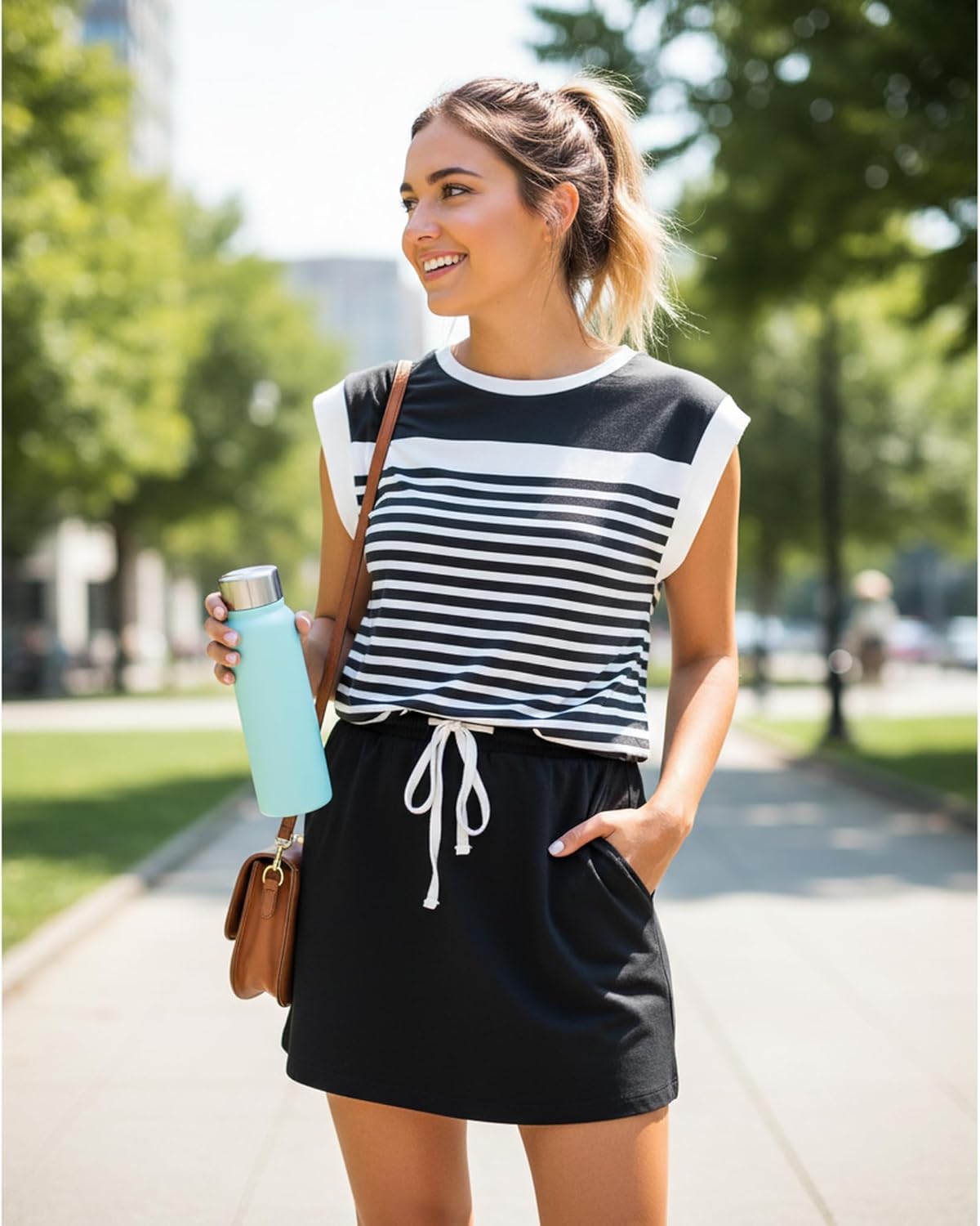 ETCYY NEW Womens Cap Sleeve Summer Dress Crew Neck Tie Front A-Line Dresses Double Layer Hem Mini Dress - Image 4