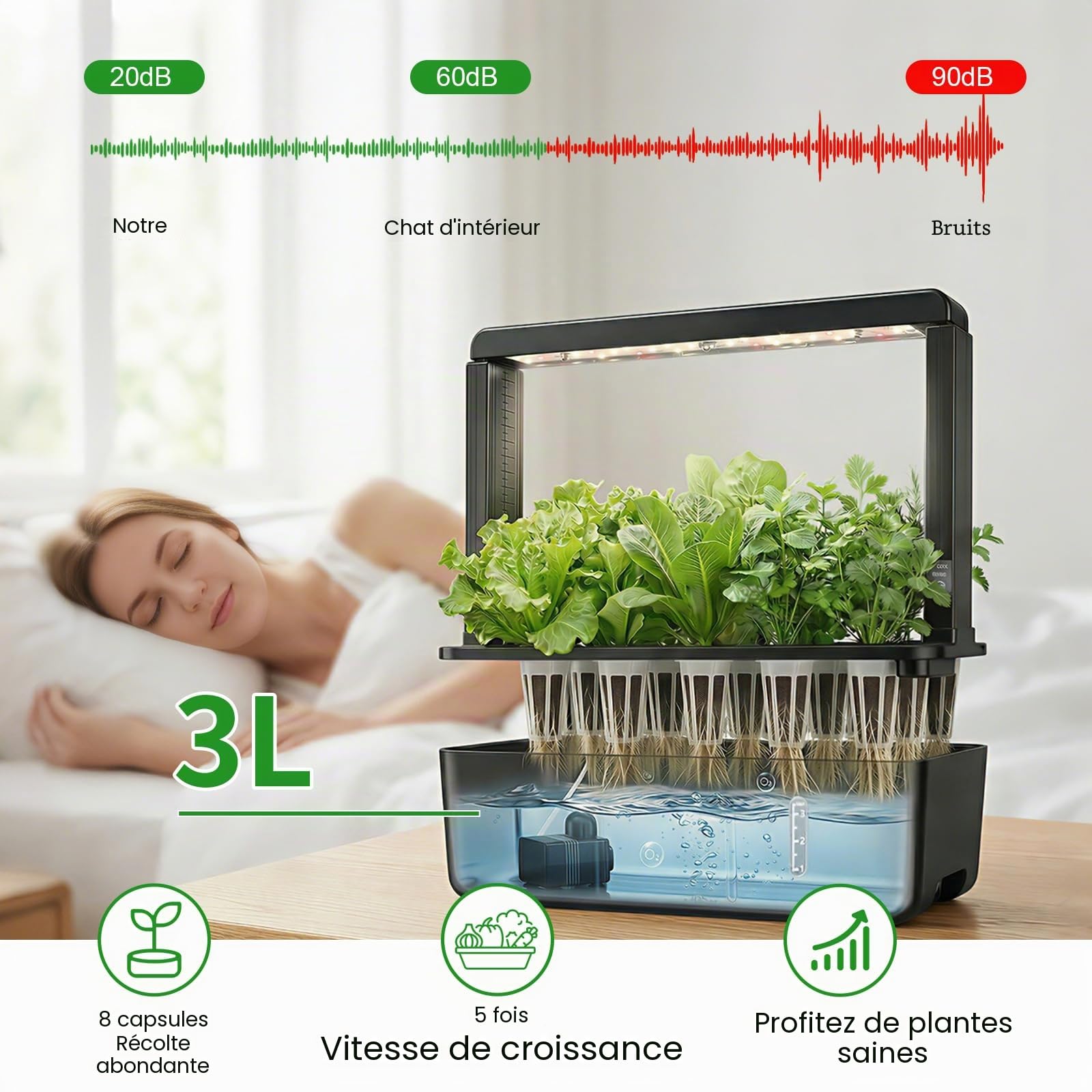 ERWEY Kit de Système de Culture Hydroponique, Potager Interieur 15 Pods, Lampe LED 15 W Plein Spectre Intégrée, Smart Garden Intérieur pour Maison, Cuisine, Hauteur Réglable, Noir