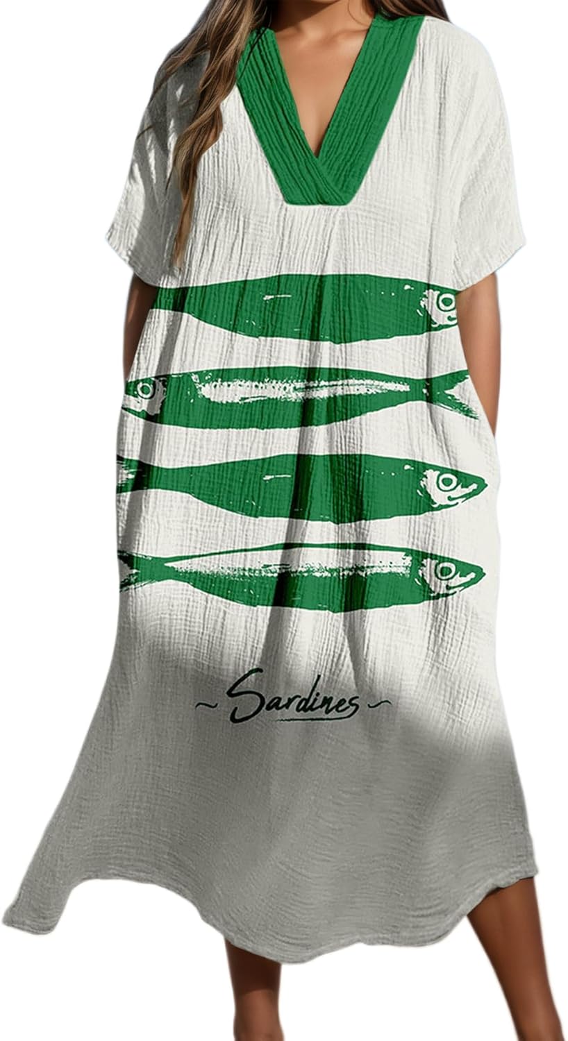 Women Boho V Neck Midi Dress Summer Lobster Fish Print