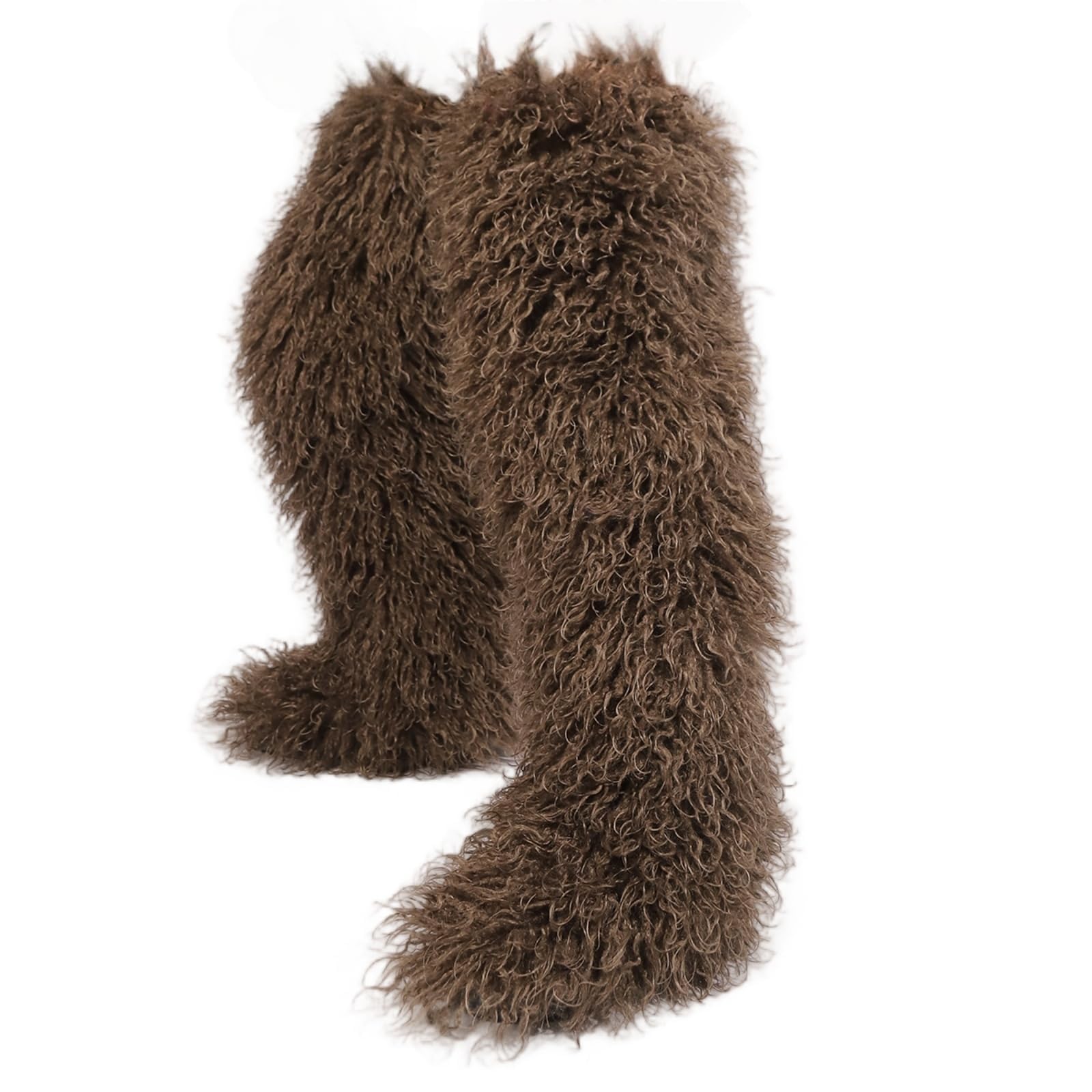 Womens Thigh High Shaggy Long Faux Fur Teddy Fur Boots 28 inchs Flat Outdoor Footwear Over The Knee