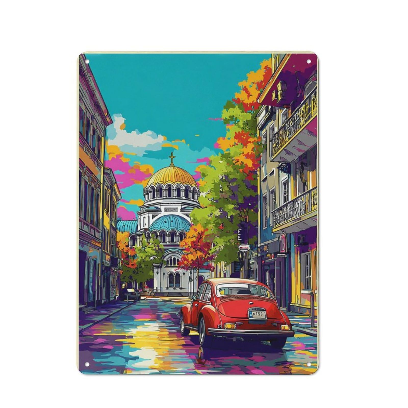 Junmoney Colorful Cityscape With Vintage Car Country Metal Sign With Design 40X30cm, Farmhouse Farmhouse Wall Decor For Kitchen, Cottage, Porch Or Garden Room