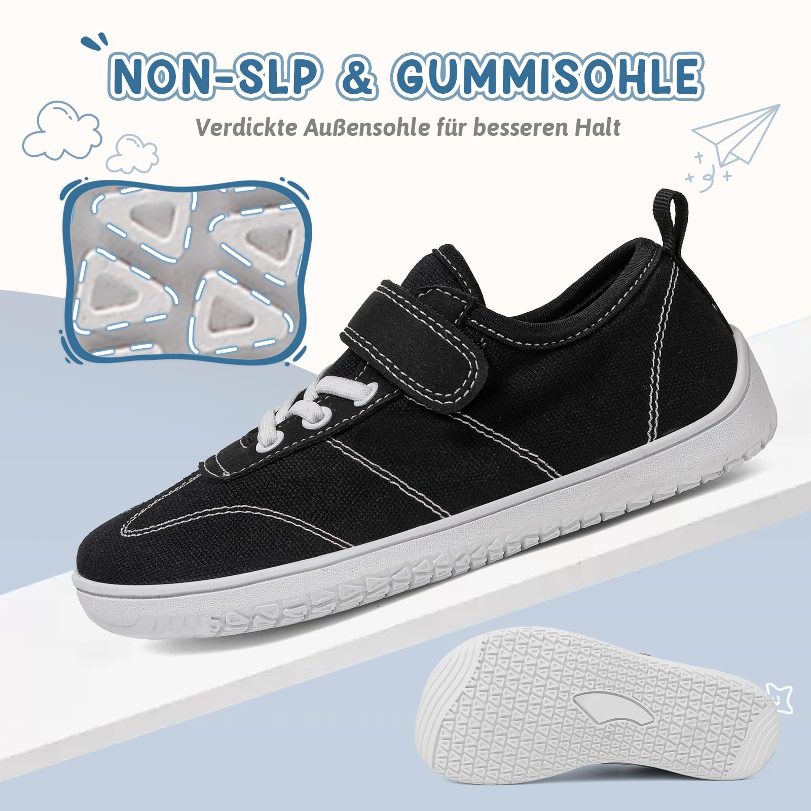 Kinder Barfußschuhe Breite Atmungsaktiv rutschfest für Jungen Mädchen Leicht Traillaufschuhe Freizeit mit Klettverschluss Minimalistische Sommer Sneaker Komfortable,Schwarz,Gr.25