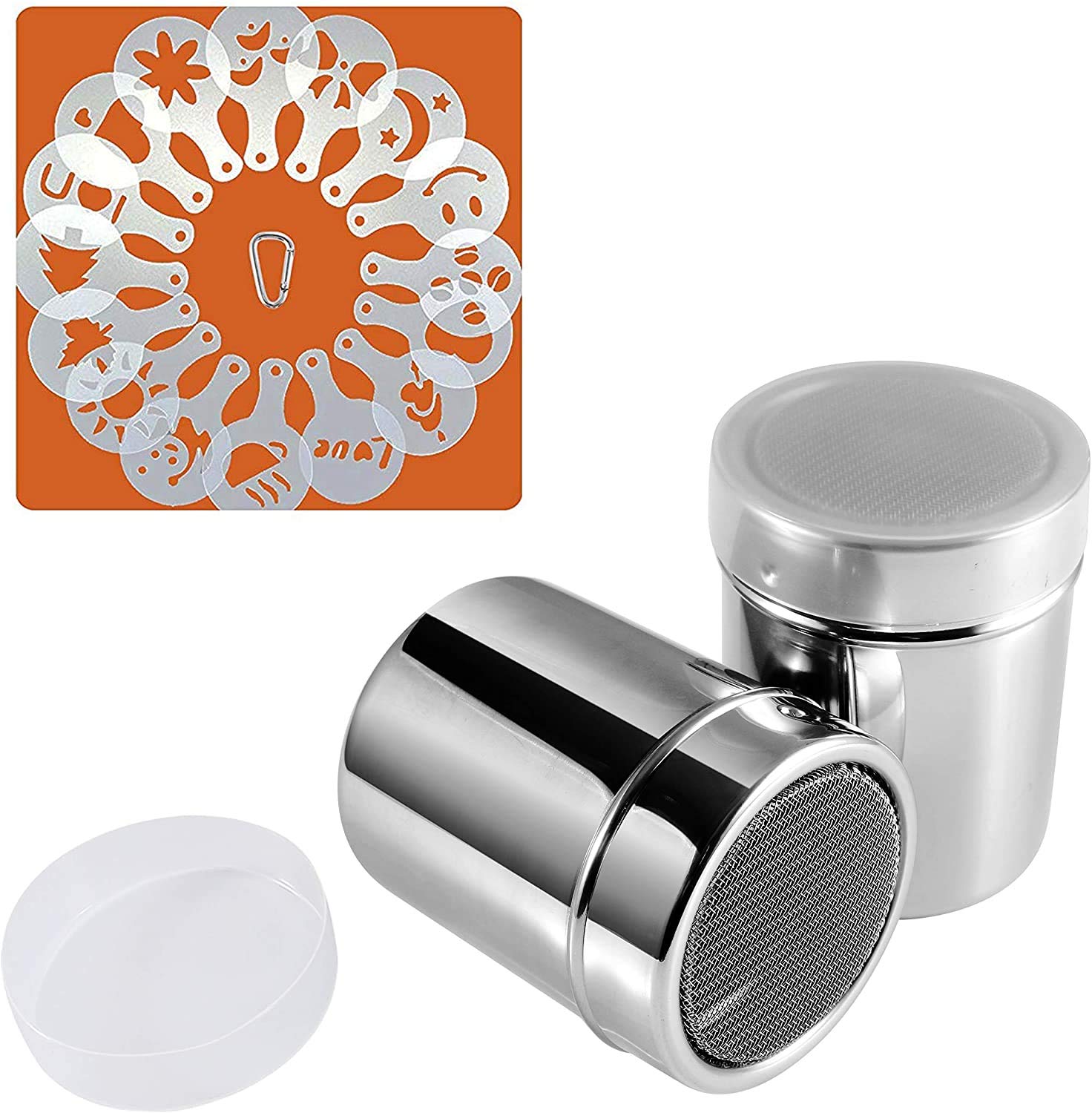 KEEP-HAPPY KH Powder Sugar Shaker Stainless Steel Sprinkler/Dredgers for Coffee Cappuccino Latte, 16 Pcs Coffee Stencils Template