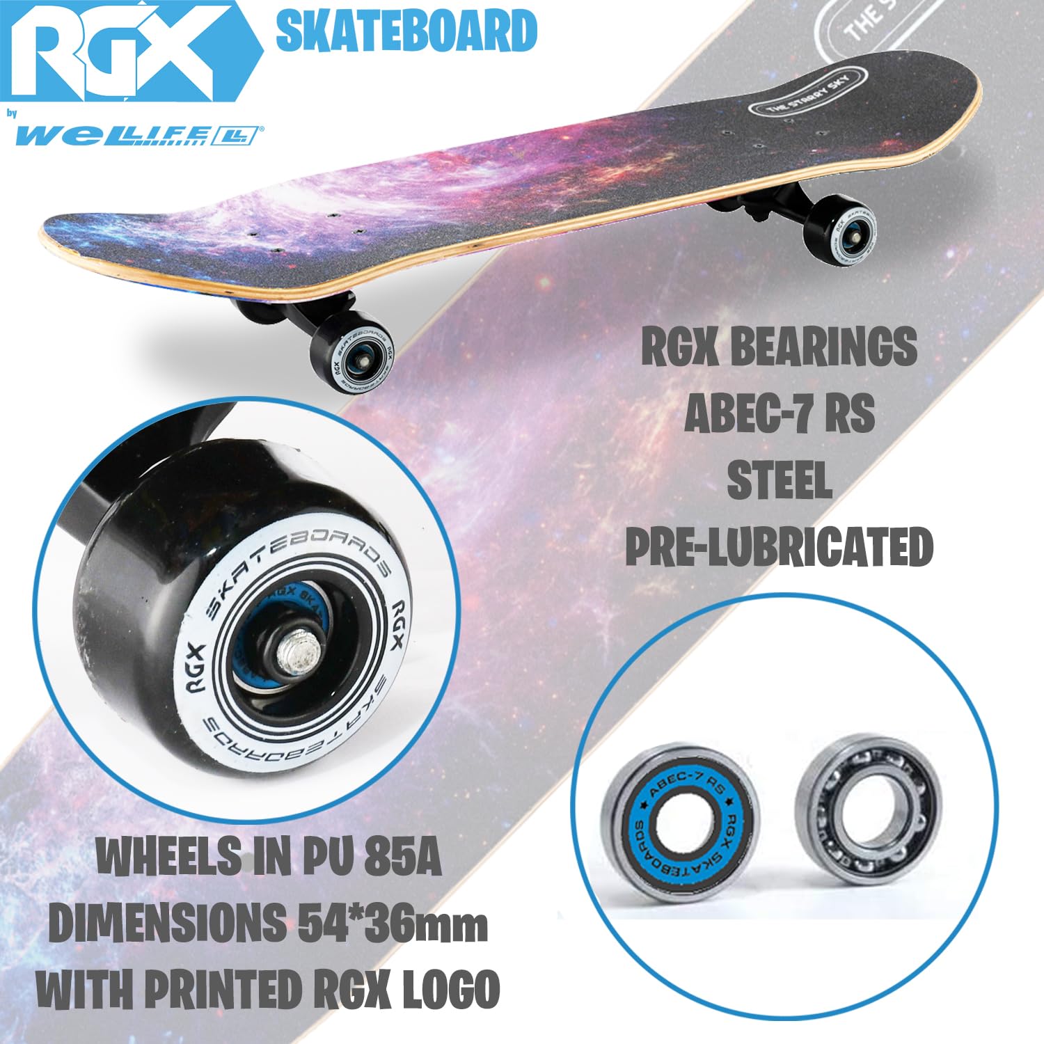 WeLLIFE Monopatín completo para principiantes – Serie RGX de madera de 80 x 20 cm, 9 capas de arce cóncavo Double Kick, rodamientos ABEC-7, dibujo sobre Grip Tape – Apto para niños, jóvenes y adultos