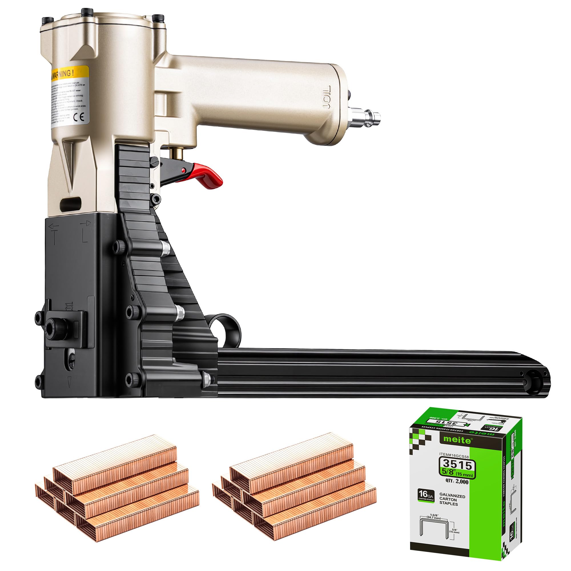 meite ADCS-19 Box Stapler 16 Gauge Carton Closing Stapler Heavy Duty Pneumatic Cardboard Staple Gun for Corrugated Case Packaging, Accepts 1-3/8" Crown 5/8"-3/4" Leg Carton Staples