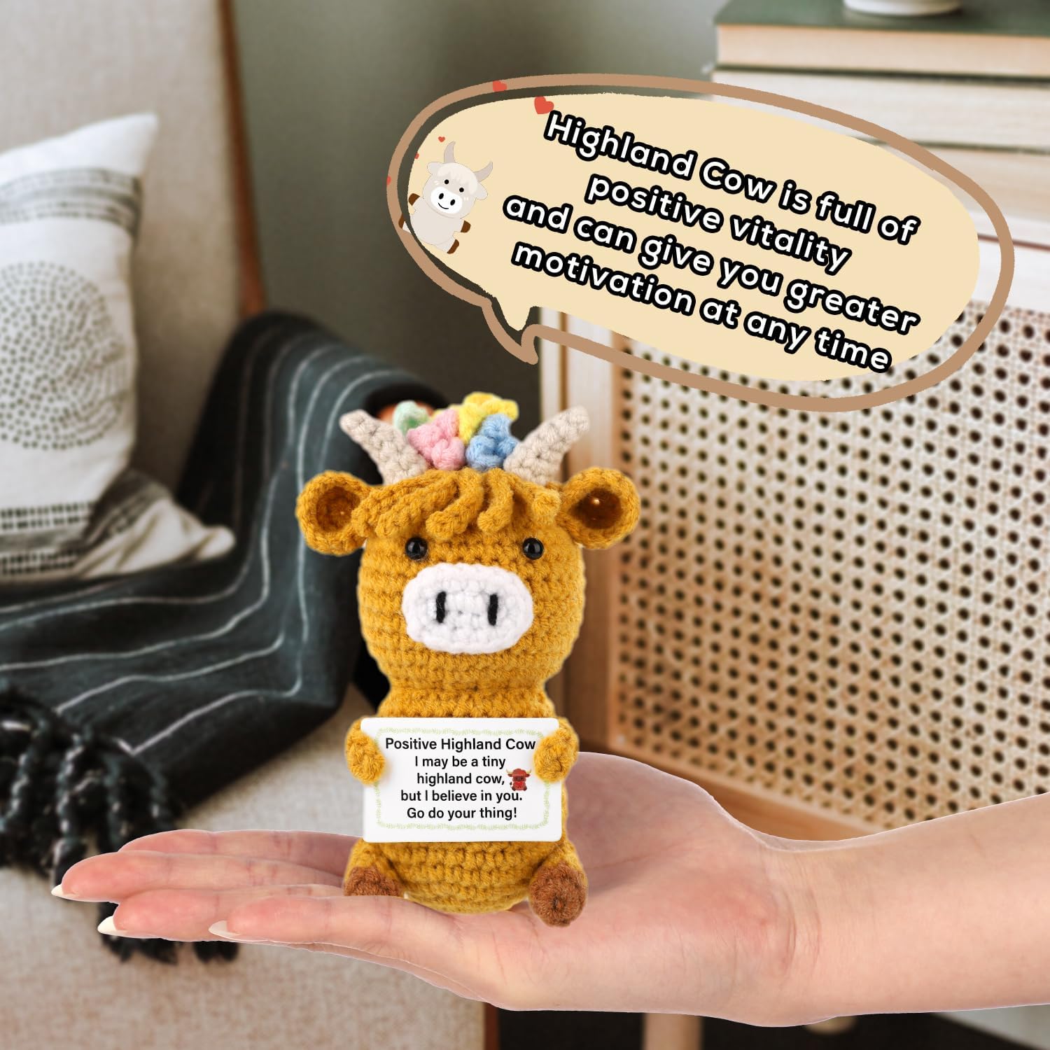 TOYMIS Positive Highland Cow, Crochet Highland Cow Emotional Animal Knitted Highland Cow Inspirational Support Cow Knitted Wool Doll for Encouragement Gifts Party Decoration(Brownish Yellow) image 5