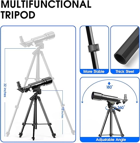 Miniatura 3 de Telescopio 1.969 in Aperture 14.173 in AZ Telescopio portátil de enfoque manual para niños y principiantes con trípode, blanco