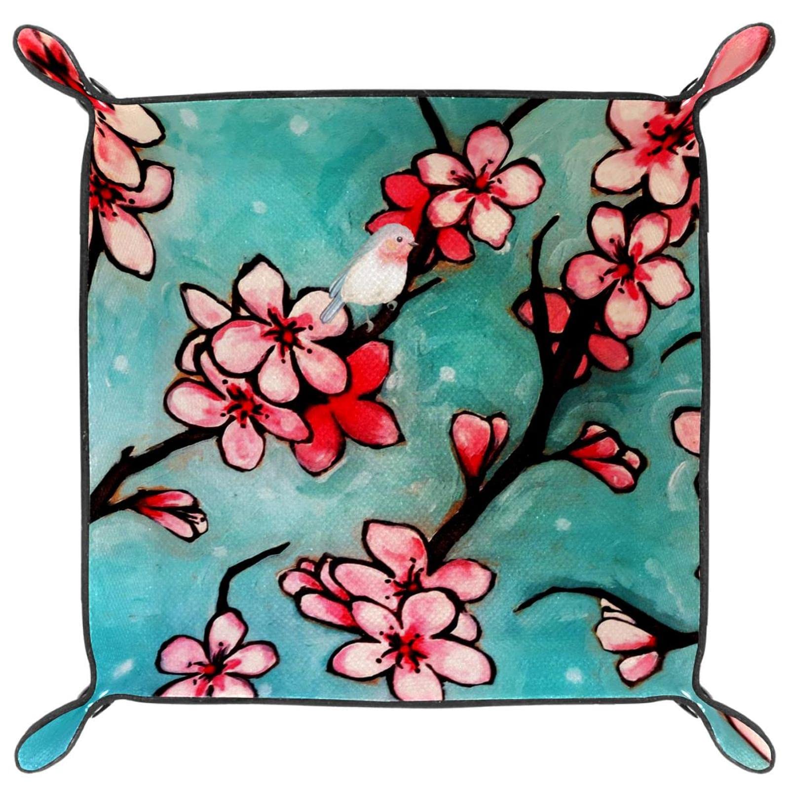 Valet Tray en cuir PU motif fleurs et oiseaux pour ranger clés et téléphone
