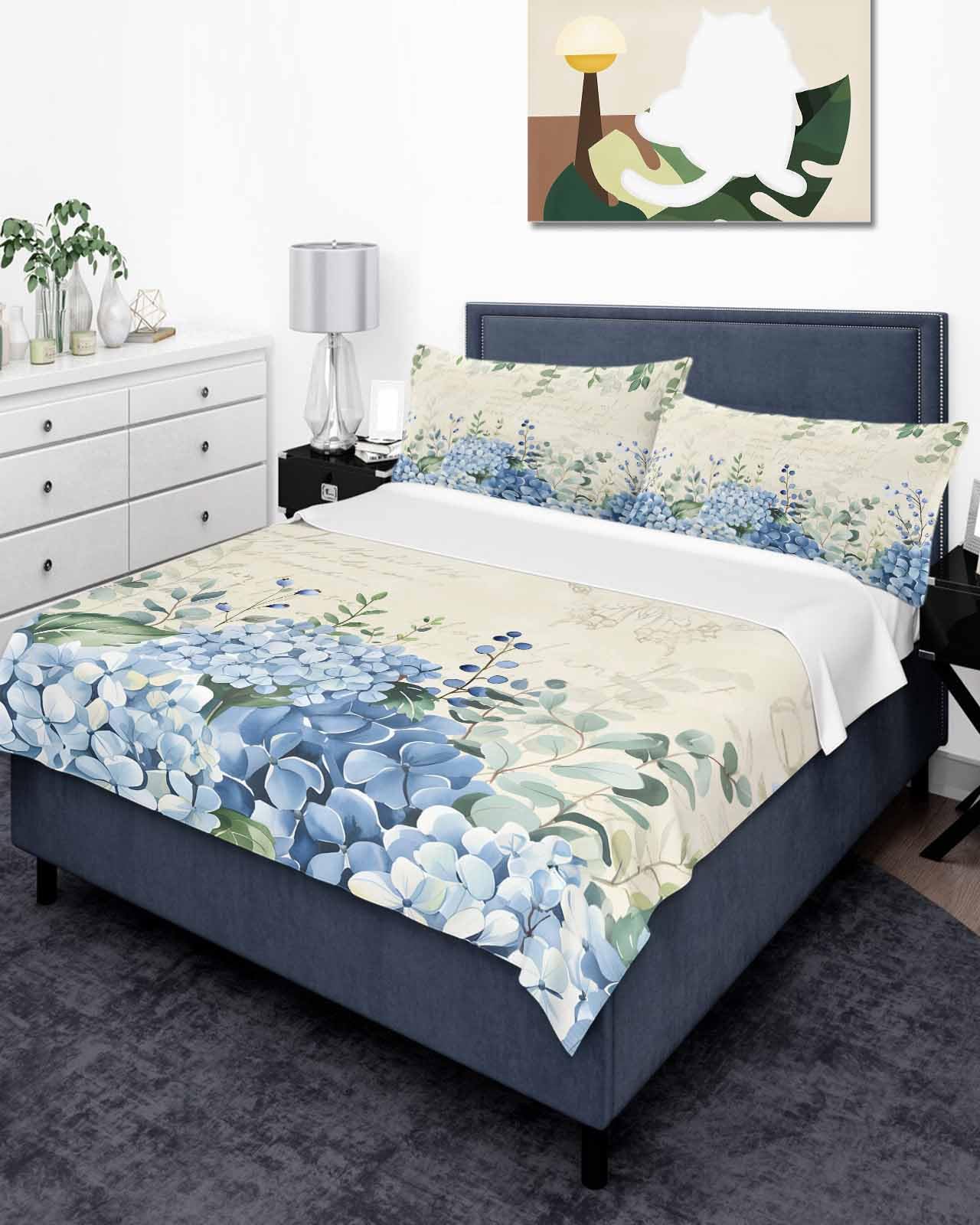 Queen Size Top Sheet Only, Blue Hydrangea Rustic Eucalyptus Flat Sheet Microfiber Breathable Soft Bed Sheets, Farmhouse Blue Flower Hotel Bedding Flat Sheets for Bedroom