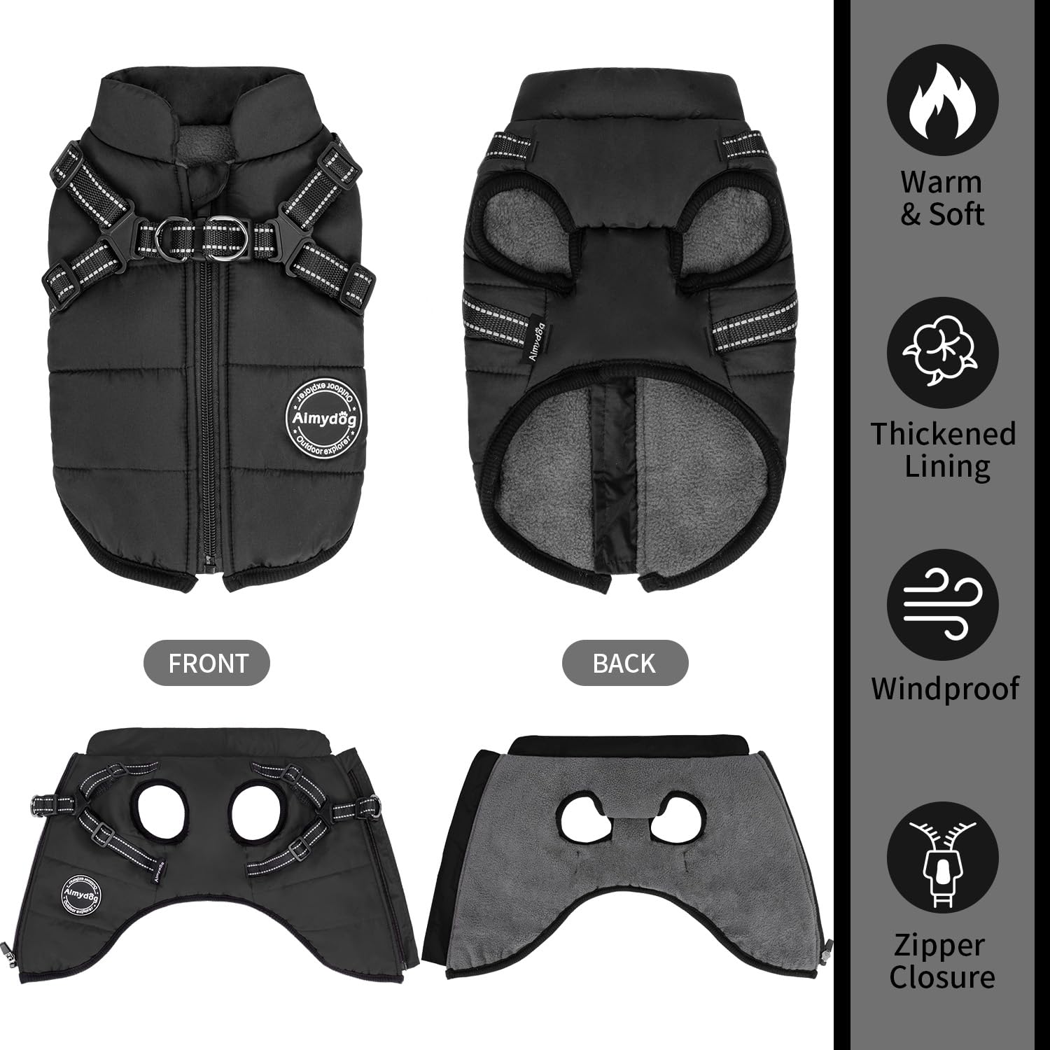 Abrigo de invierno cálido para perro, chaqueta resistente al viento, chaleco negro reflectante y ajustable para mascotas con arnés, forro polar grueso, ropa acogedora para perros y gatos