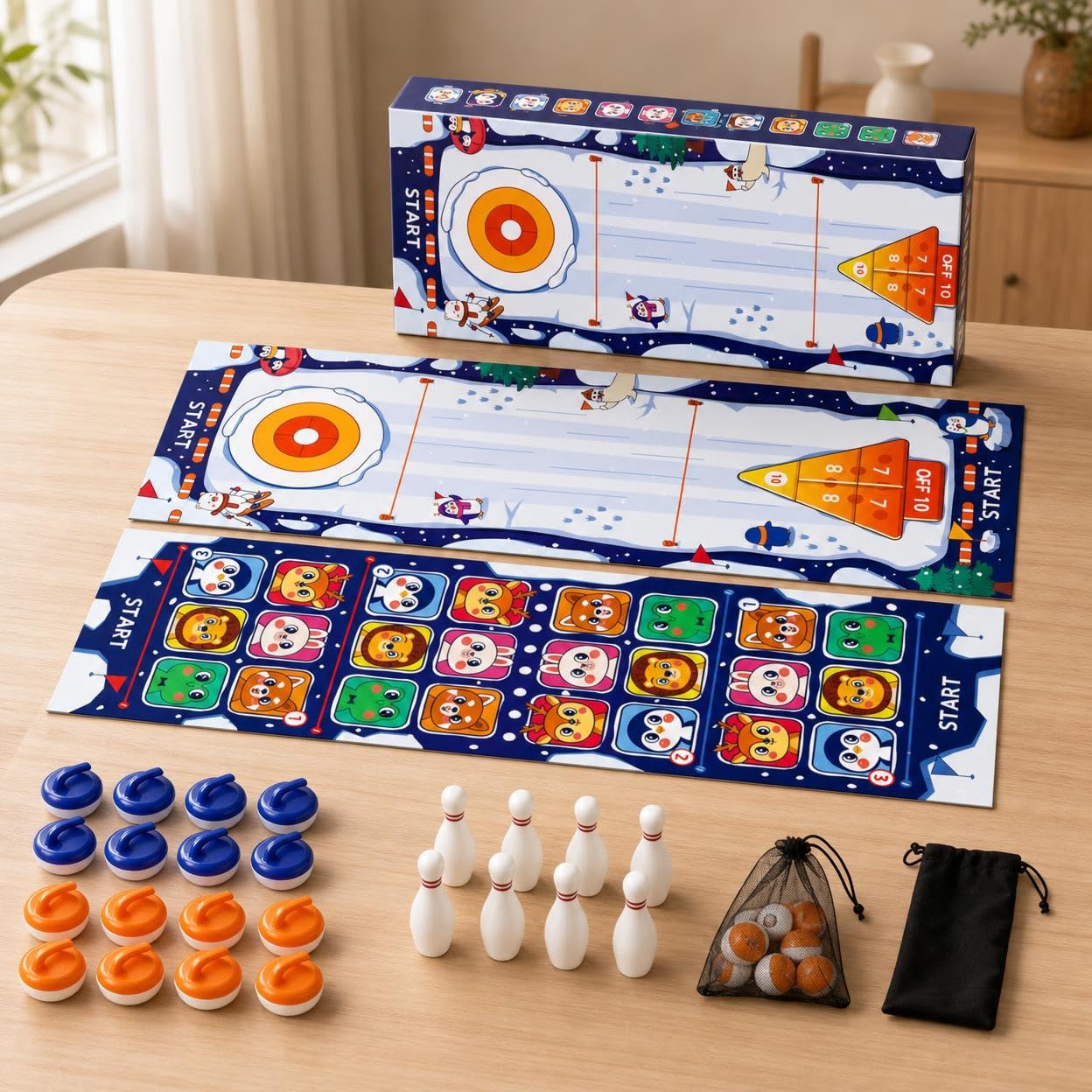 Jeu Table, Tapis Jeu Portable 4-en-1 &, Bowling & Serpents et Échelles pour Famille, Enfants, 5-en-1 Édition Limitée