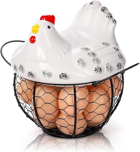 AVLA Cesta de huevos de gallina, colección de huevos de alambre negro con tapa de cerámica para recolectar huevos frescos, soporte para huevos de