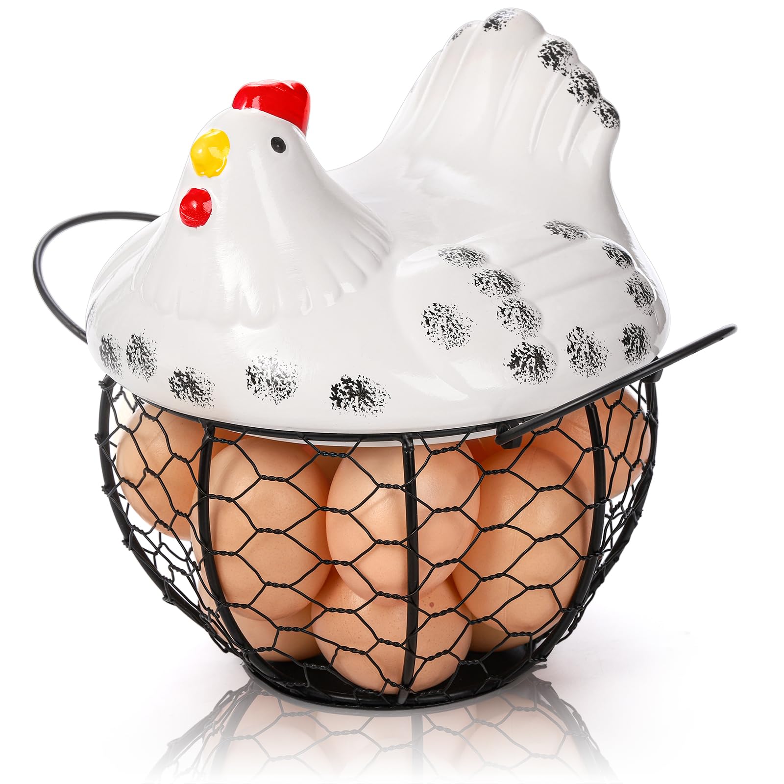 Avla Black Chicken Egg Basket, Wire Egg Collection Baskets With Ceramic Lids For Gathering Fresh Eggs, Chicken Egg Holders, Countertop, Decorative