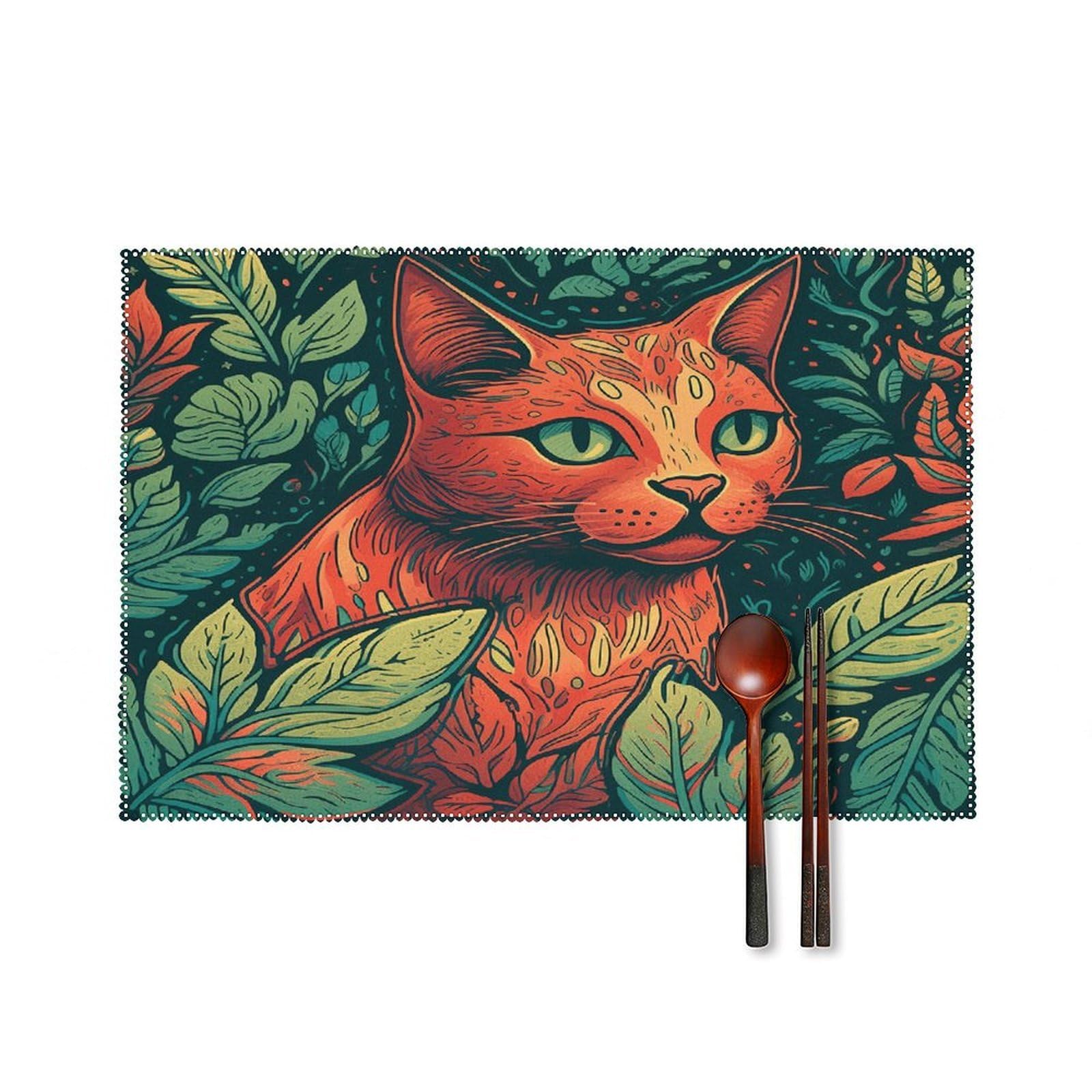 Fekiloot Style Green Leaf Cat Placemats Set Of 6,Table Mat