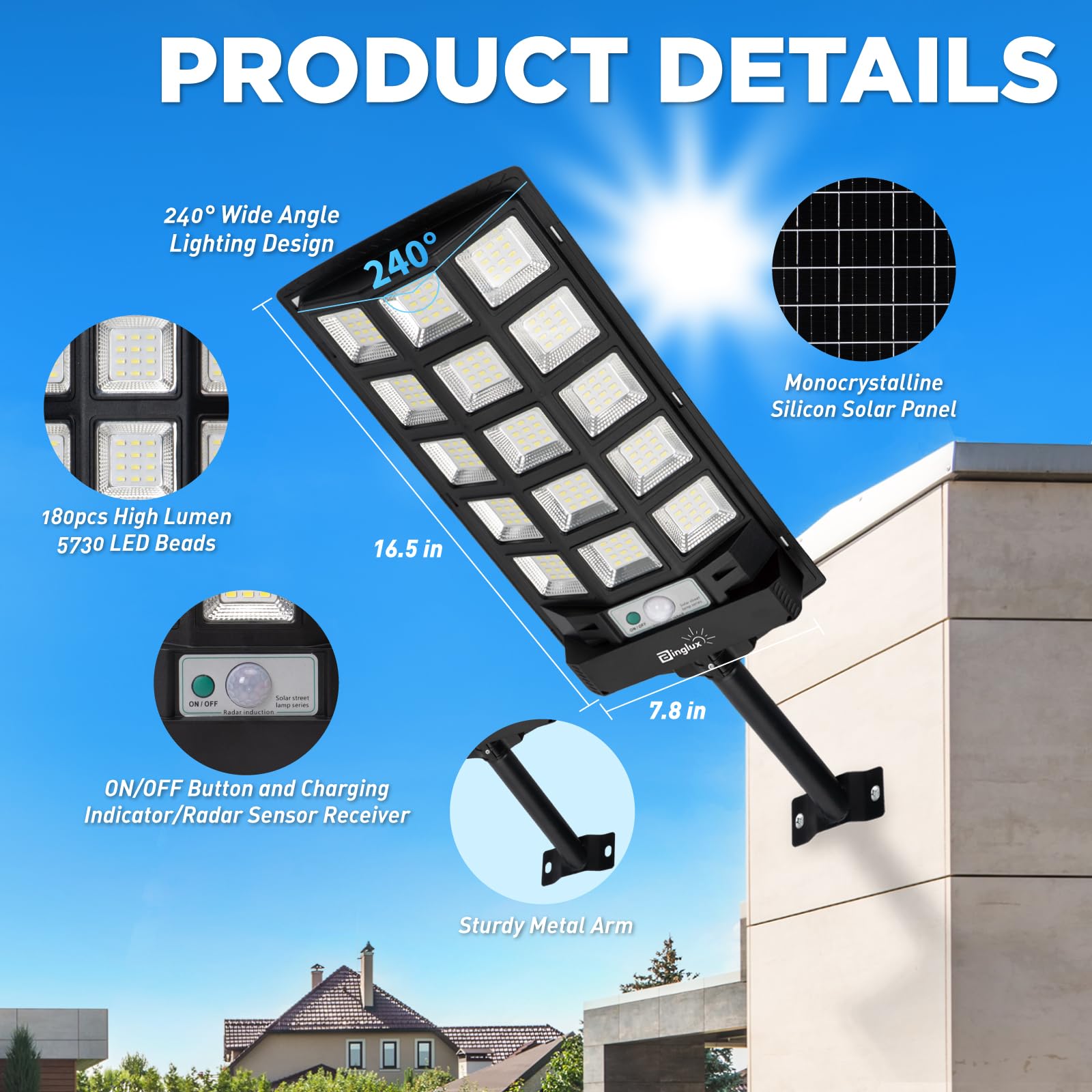 Solar Street Lights Outdoor Waterproof, 60000LM LED Solar Lights Outdoor Dusk to Dawn w 12000mAh Battery, 6500K Solar Flood Security Light Motion Sensor with 65FT Remote & Metal Light Bracket , 2 Pack
