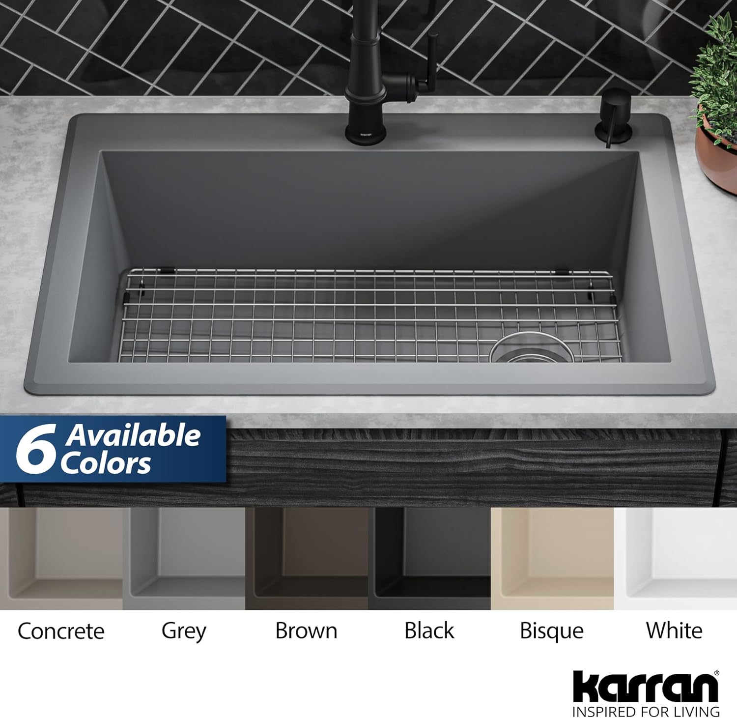 Karran Drop-In/Top Mount 33" Single Bowl Granite Quartz Composite Kitchen Sink Kit in Grey Right Side Drain, Sound Dampening, Extra Deep 9" Basin, Heat & Scratch Resistant, with Grid & Strainer