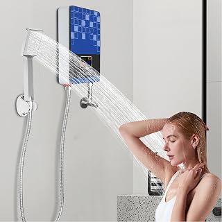 4500W Tankless Electric Water Heater Set, 110V Instant Hot Water Heater On Demand Shower Heater w/LED Display Screen&Overheating Protection, Thermostat Water Heater for Bathroom, Kitchen (Blue)