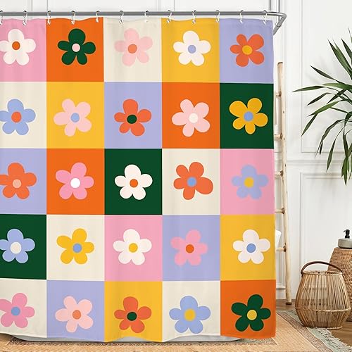 Miyotaa Juego de cortina de ducha retro a cuadros de 60 pulgadas de ancho x 71 pulgadas de alto, 70, colorido, estético, moderno, pastel, Y2K,
