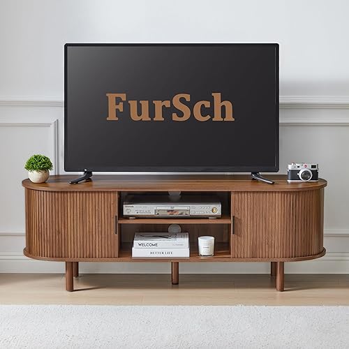 Soporte de TV con puerta de tambor de 54 pulgadas, mueble de TV moderno de madera de mediados de siglo para TV de hasta 65 pulgadas, soporte largo