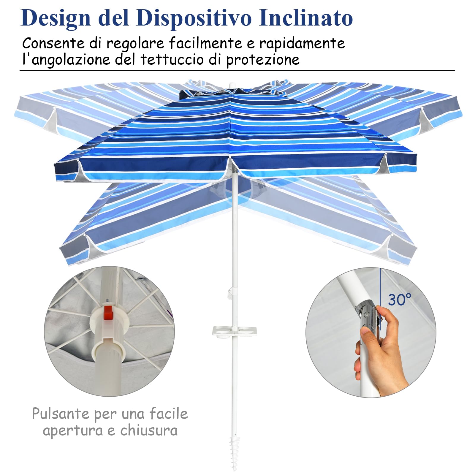 GYMAX Ombrellone da Spiaggia Inclinabile, Protezione Solare 50UV+, Ombrello Portatile con Borsa, a 8 Stecche, Ideale per Spiaggia, Campeggio, Eventi Esterni