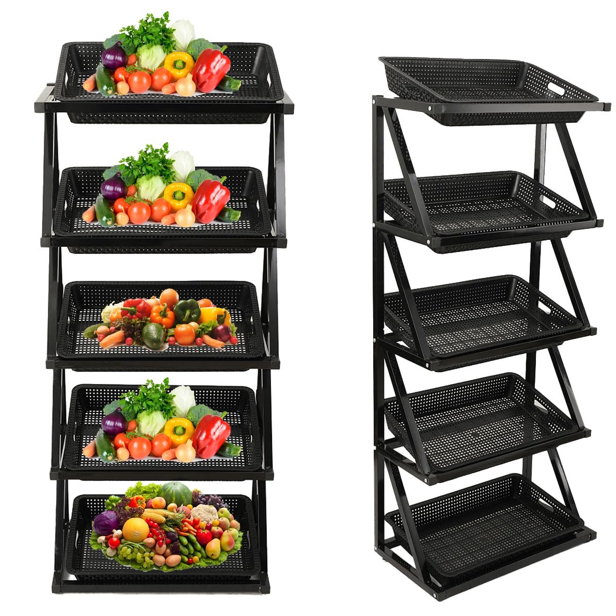 Cdzhltg Black Supermarket Display Rack Supermarket Fruit Vegetable Display Shelf With Baskets For Retail 5 Tier- Fresh Goods Market Stand For Pantry, Convenience Stores, Kitchen - Snack Storage Organizer