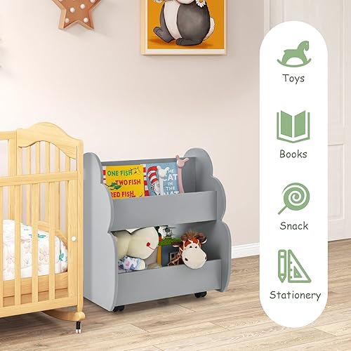 Miniatura 7 de INFANS Estantería para niños con ruedas, estantería de madera, organizador de almacenamiento de juguetes, soporte de exhibición para niños pequeños,