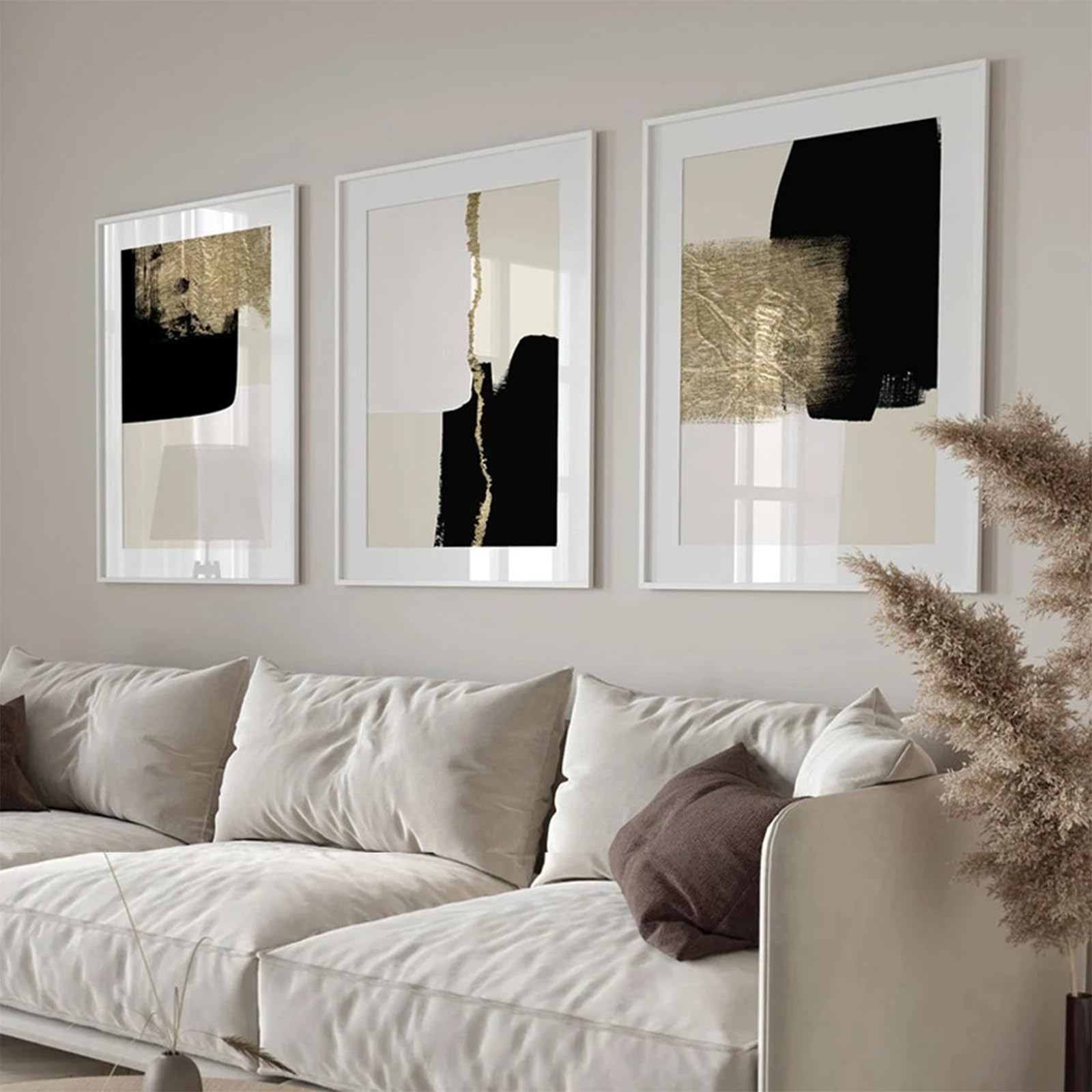 HEHGVCF Set di 3 poster su tela Moderni Minimalisti Beige Nero e Oro Immagini da Parete Geometriche Arte Astratta Stampa su Tela Decorazione da Parete Senza Cornice (50 x 70 cm, Geometrica)