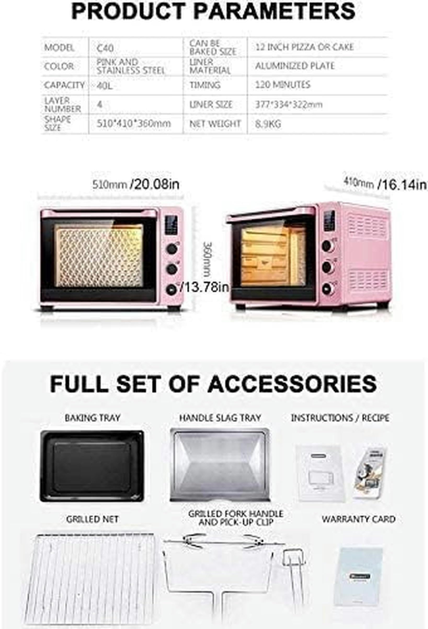 Forno Intelligente, Mini Forno Elettrico con Piastra di Riscaldamento per Cottura A Casa, Forno da 40 L, Mini Forno A Casa Automatico, Visualizzazione A LED, Forno Tostapane Convezione (Verde)