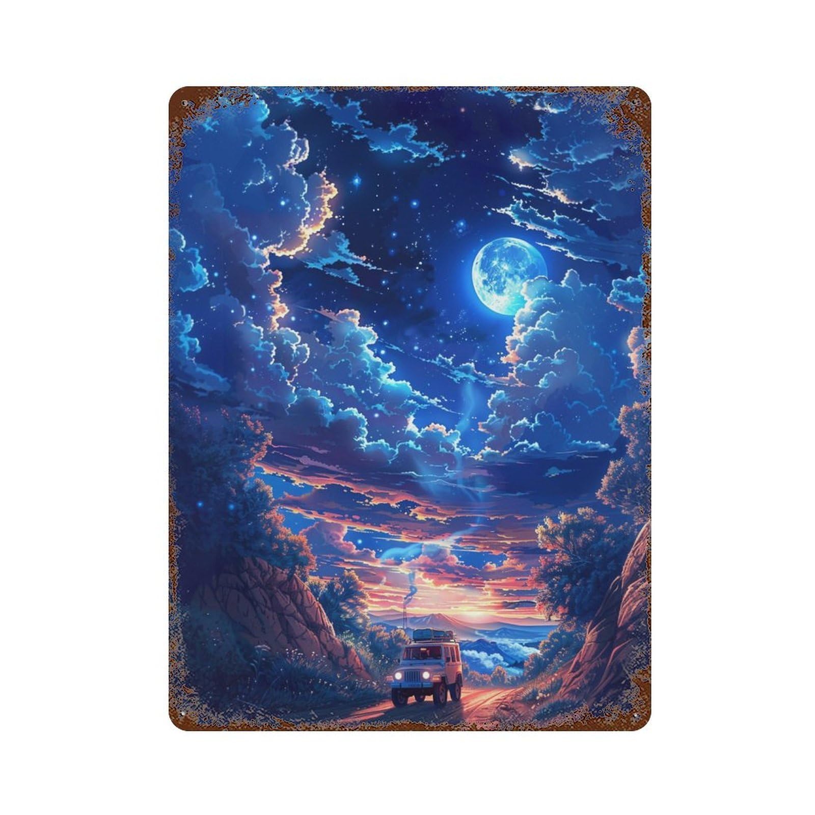 Moonlit Adventure Drive Rust Effect Tin Sign 15.7"x11.8", Rustic Home Decor for Garage, Bar And Workshop Decor