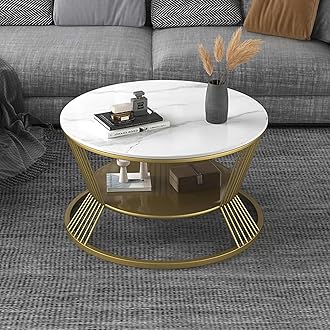RIZIK STORE™ Metal Base Handmade Round Coffee/Nesting/Side/Center Table with Marble Finish Wooden White Top for Living Room/Drawing Room/Balcony Gold (White & Gold)