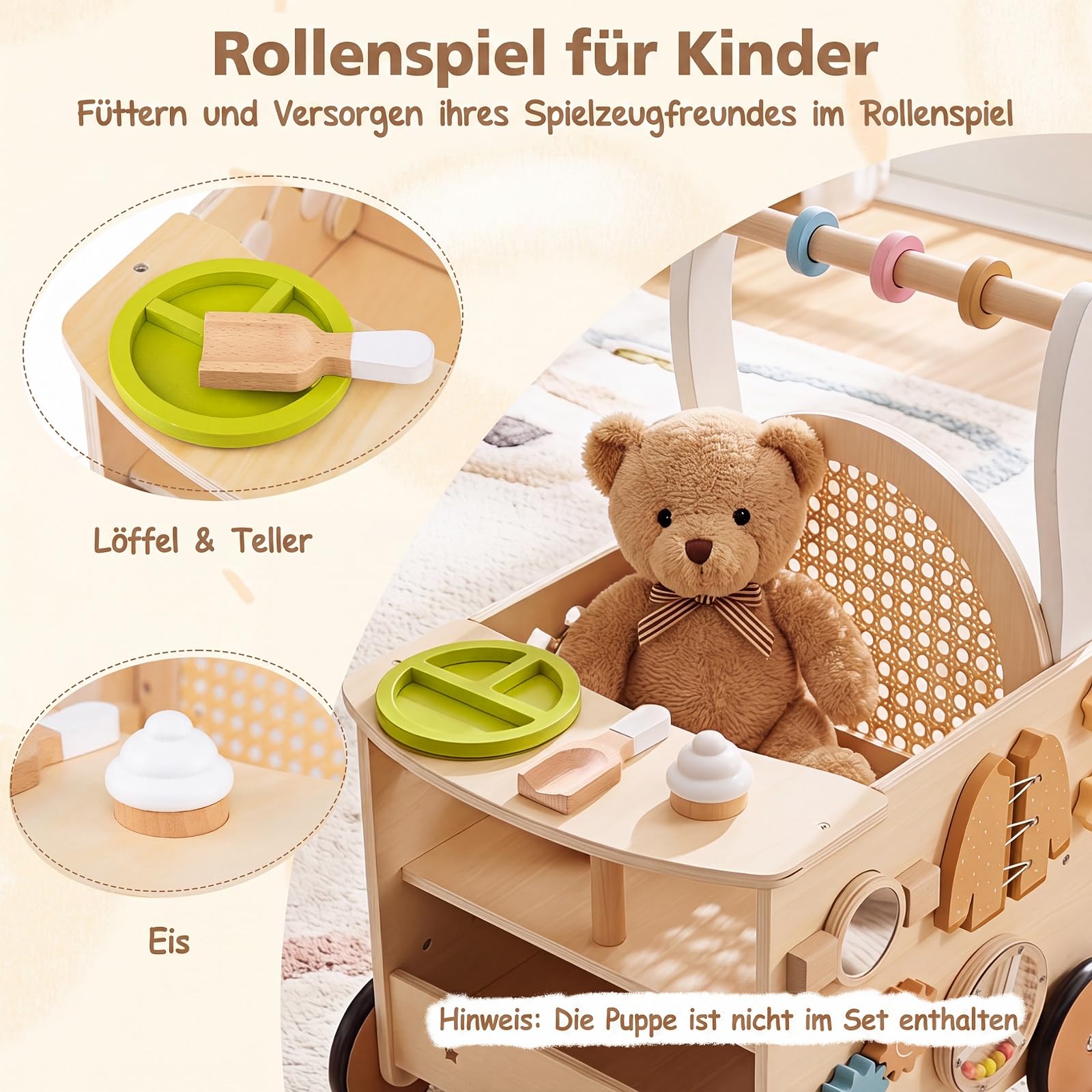 COSTWAY Montessori Baby wózek do nauki chodzenia z drewna, wielofunkcyjny | Baby Walker z wielofunkcyjnym centrum aktywności, zabawka do biegania z kółkami i schowkiem, dla chłopców i dziewczynek od 1