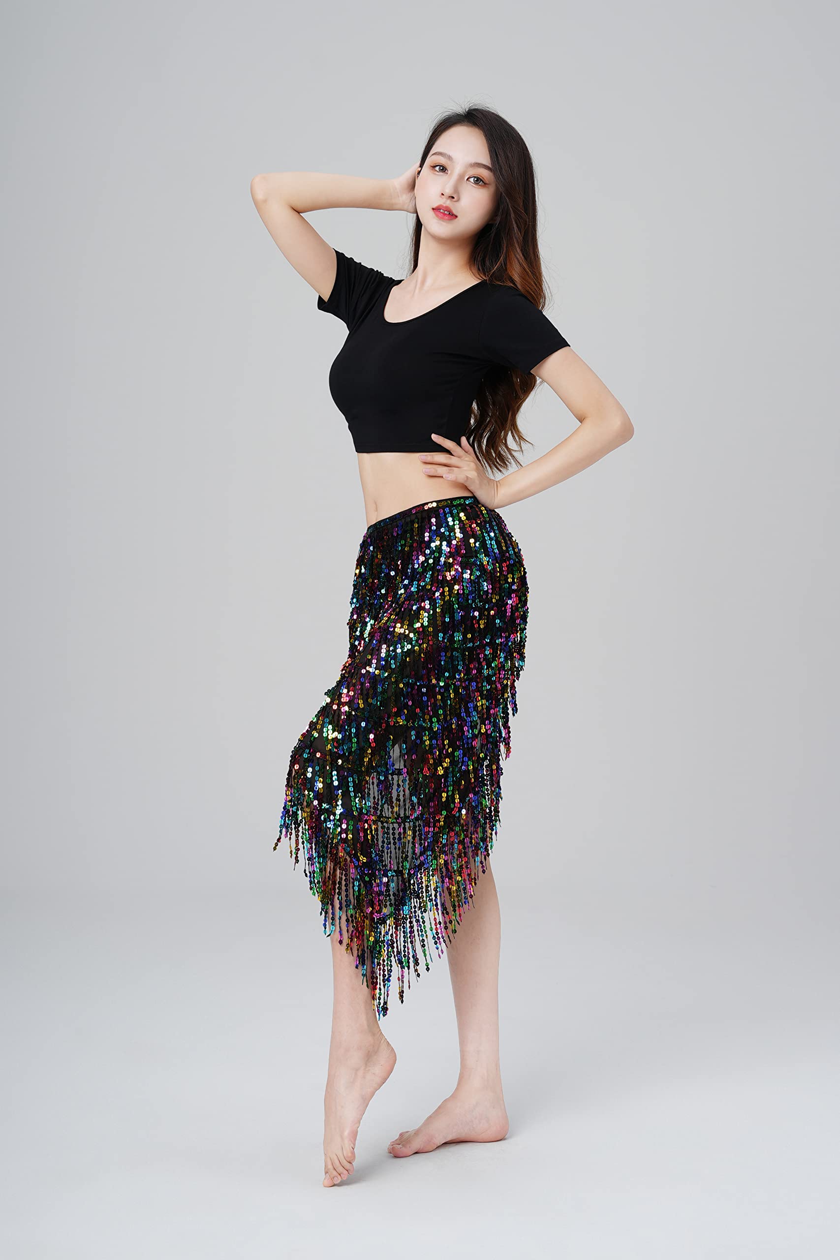 MUNAFIE Glitzer Pailletten Rock, Bauchtanz Hüfttuch Rave Festival Outfit Damen