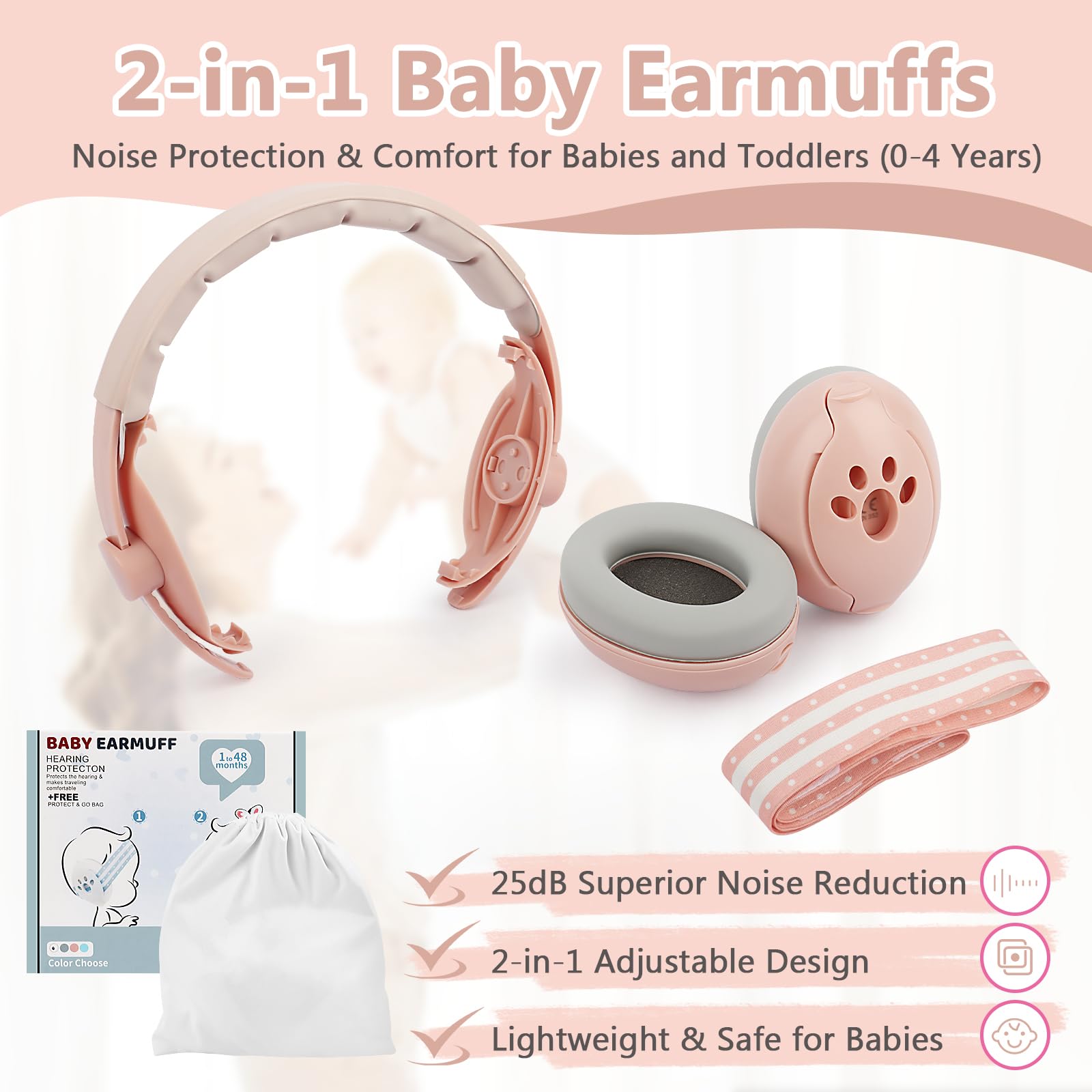 Cascos Antiruido Niños, Protectores Auditivos para Bebé 2-en-1 (0-4 años),Reducción de Ruido de 25dB, Banda Ajustable y Carcasa ABS Ligera,Cascos Ruido Bebe