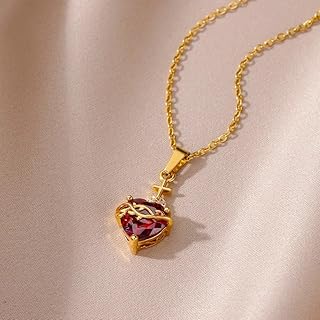 Heart Of Jesus Necklaces For Women Gold Plated Red Cubic Zirconia Cross Pendant Stainless Steel Clavicle Chain Necklace Lover Faith Jewelry Accessories Birthday Valentines Day Gifts For Her