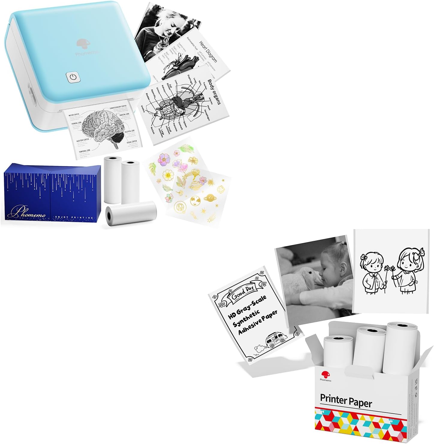 Phomemo P2S Mini Sticker Printer - Bluetooth Thermal Printer with 3 Rolls White Sticker Paper, Compatible with iOS + Android for Learning Assistance, Study Notes, Journal, Fun, Work