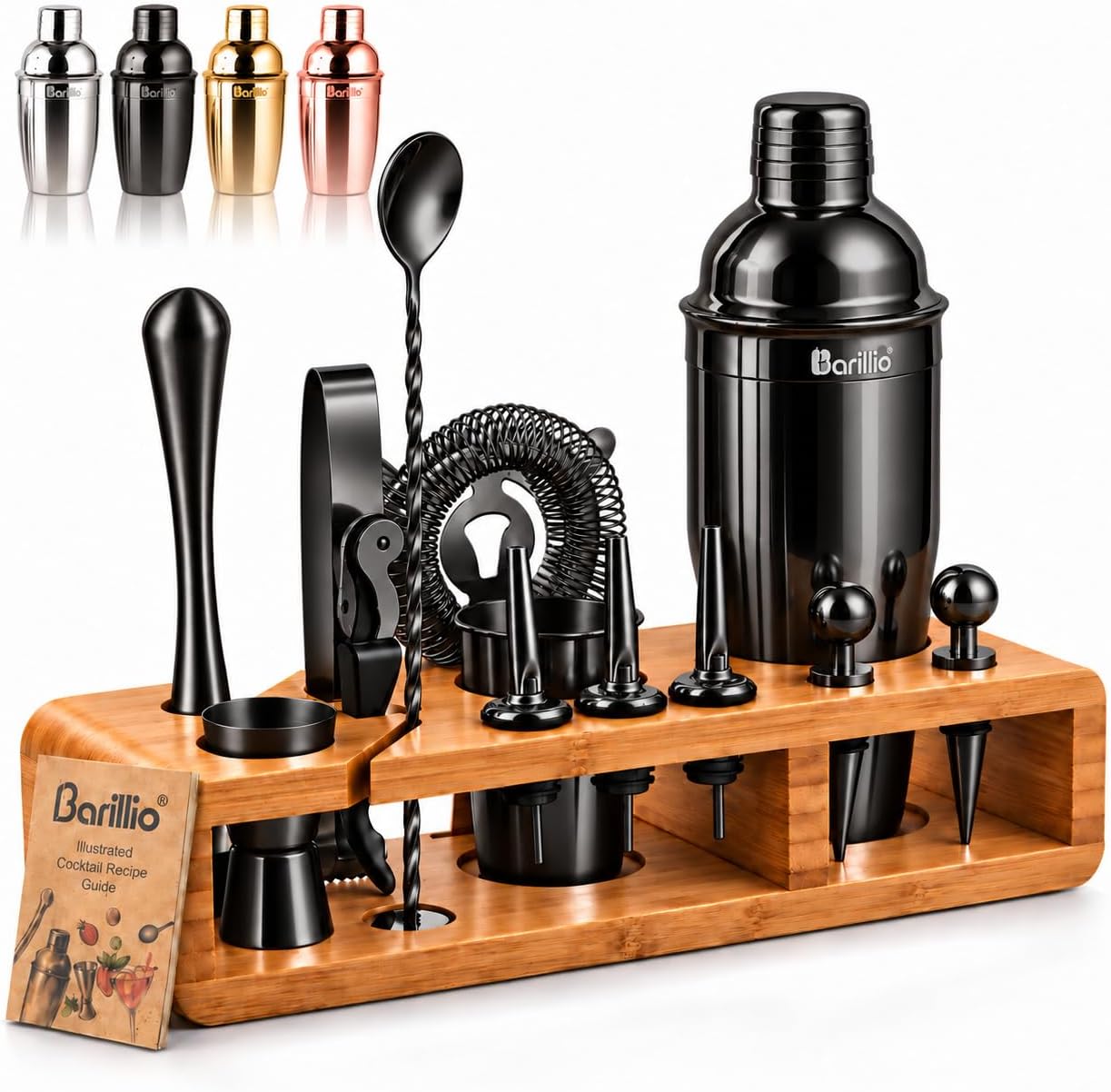 barillio Black 23-Piece Bartender Kit Cocktail Shaker Set : Stainless Steel Bar Tools With Sleek Bamboo Stand, Velvet Carry Bag & Recipes Booklet | Ultimate Drink Mixing Adventure