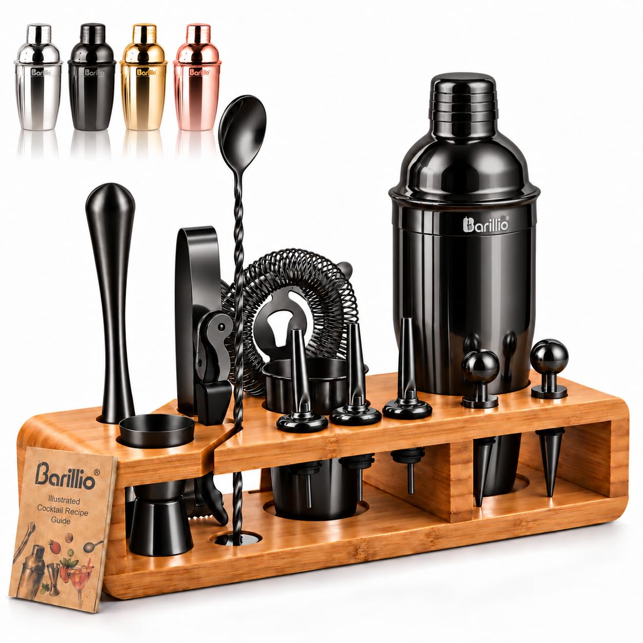 Barillio Black Bartender Kit - Stainless-Steel Cocktail Shaker Set w/Bamboo Stand - Mixology Bar Tools w/Drink Shaker, Mixer Spoon &amp; Muddler for Cocktails - Home Bar Accessories - 23-Pc Bar Set