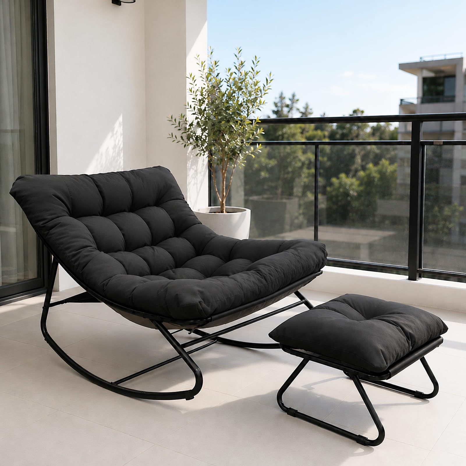 Fauteuil à Bascule Œuf avec Repose-Pieds - Charge 150kg Chaise a Bascule Surdimensionnée, Rocking Chair Coussin Confortable Utilisation Intérieur/Extérieur pour Salon, Jardin, Balcon (Noir)