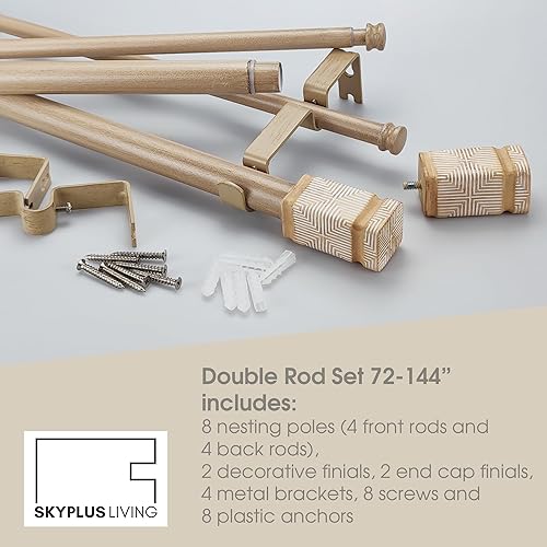 Miniatura 4 de Juego de cortinero doble estilo bohemio rústico con remate cuadrado tallado, 72-144 pulgadas, barra de cortina estándar doble beige para 1 paquete,